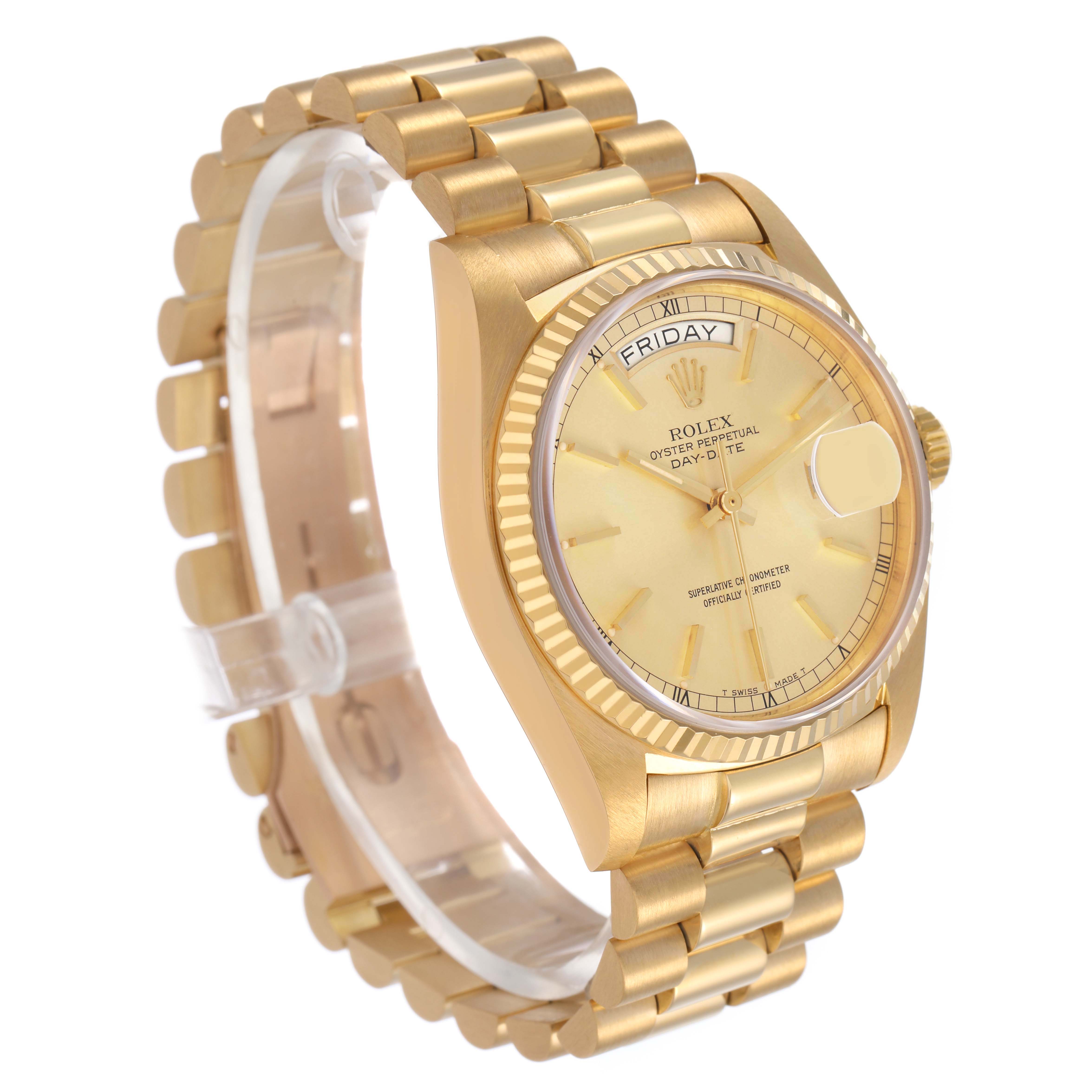 The Rolex President 18038 Men's Yellow Gold Champagne Dial model watch is shown at a front-side angle, displaying the dial, bezel, and bracelet clearly.