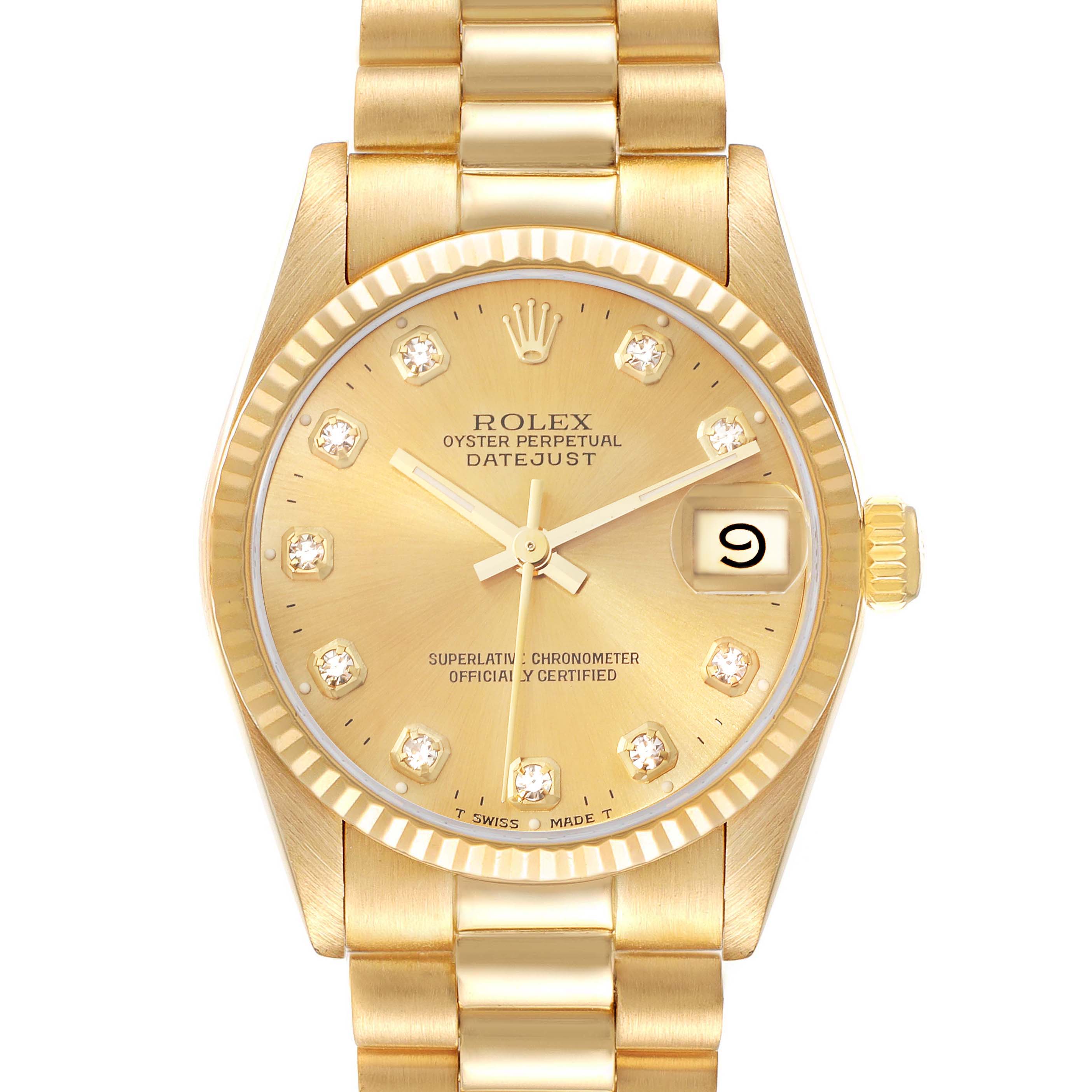 The image shows a frontal view of the Rolex President 68278 Women's Yellow Gold Champagne Dial 68278 Women's Yellow Gold Champagne Dial Datejust, highlighting its gold case, bracelet, dial, and date window.