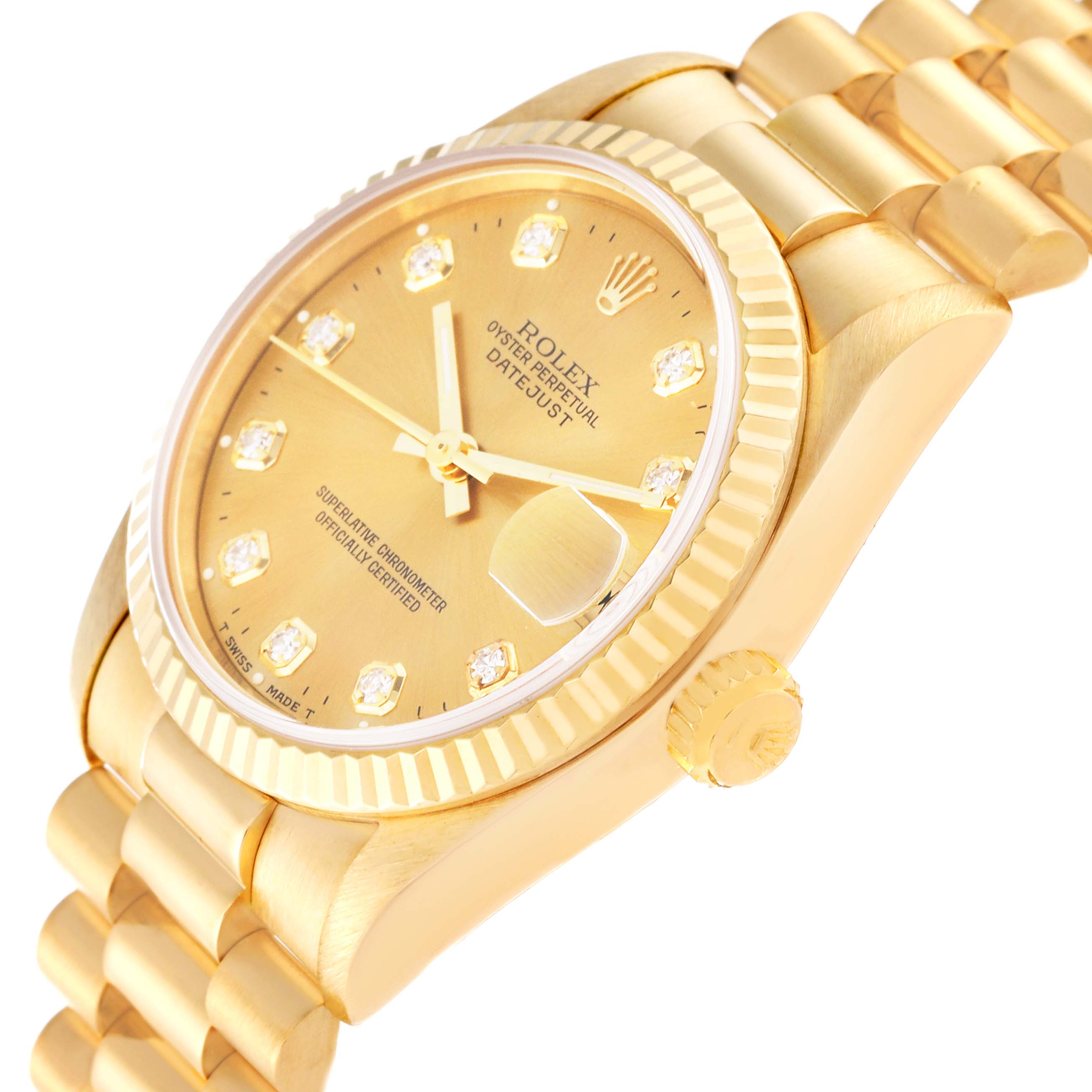 The image shows a slightly tilted angle of a Rolex President 68278 Women's Yellow Gold Champagne Dial 68278 Women's Yellow Gold Champagne Dial model watch, highlighting the dial, bezel, crown, and part of the bracelet.