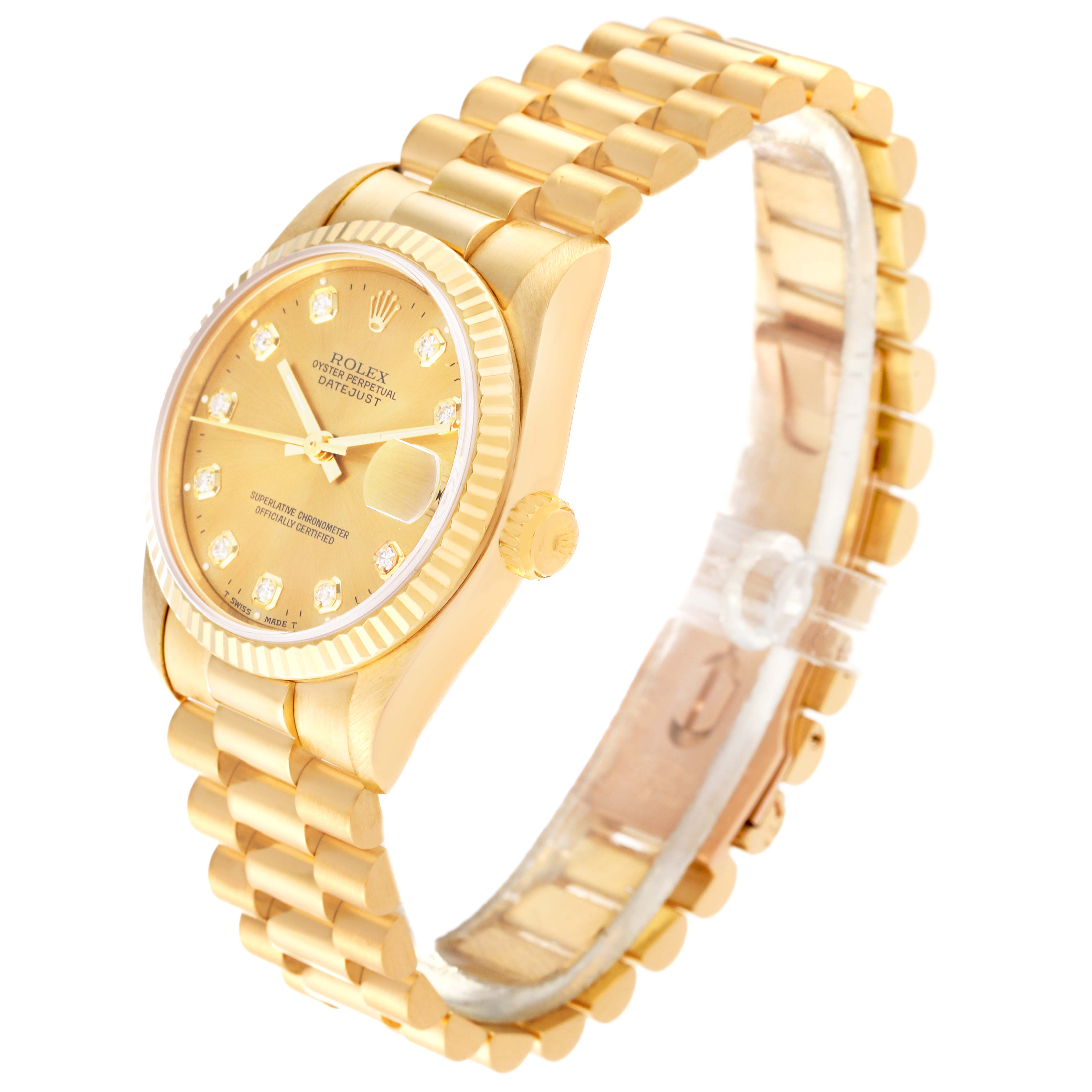 This Rolex President 68278 Women's Yellow Gold Champagne Dial 68278 Women's Yellow Gold Champagne Dial watch is shown at a slight side angle, displaying its gold bracelet, bezel, dial, and crown.