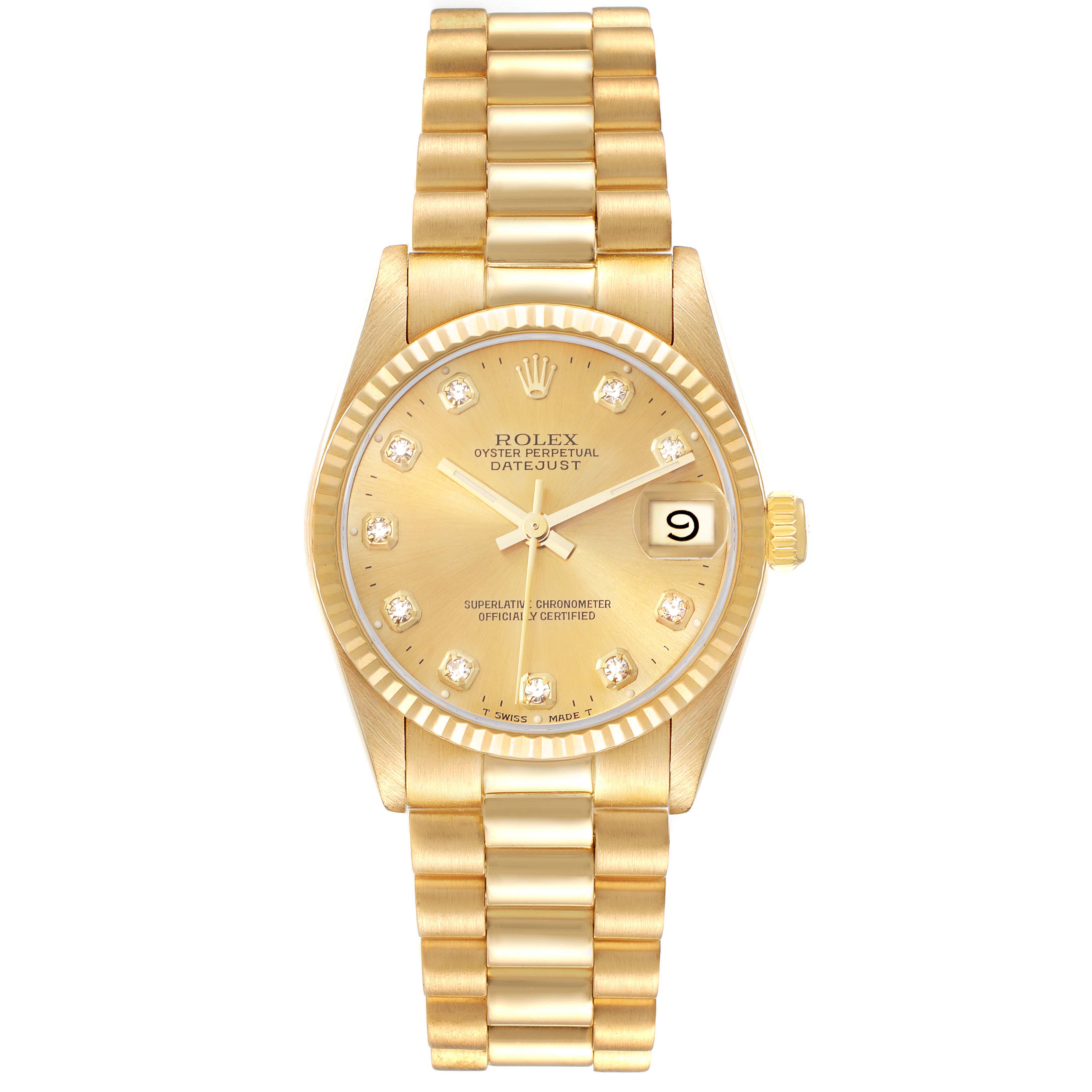 The image shows a front view of a Rolex President 68278 Women's Yellow Gold Champagne Dial 68278 Women's Yellow Gold Champagne Dial model watch, displaying the dial, hands, date window, and gold bracelet.