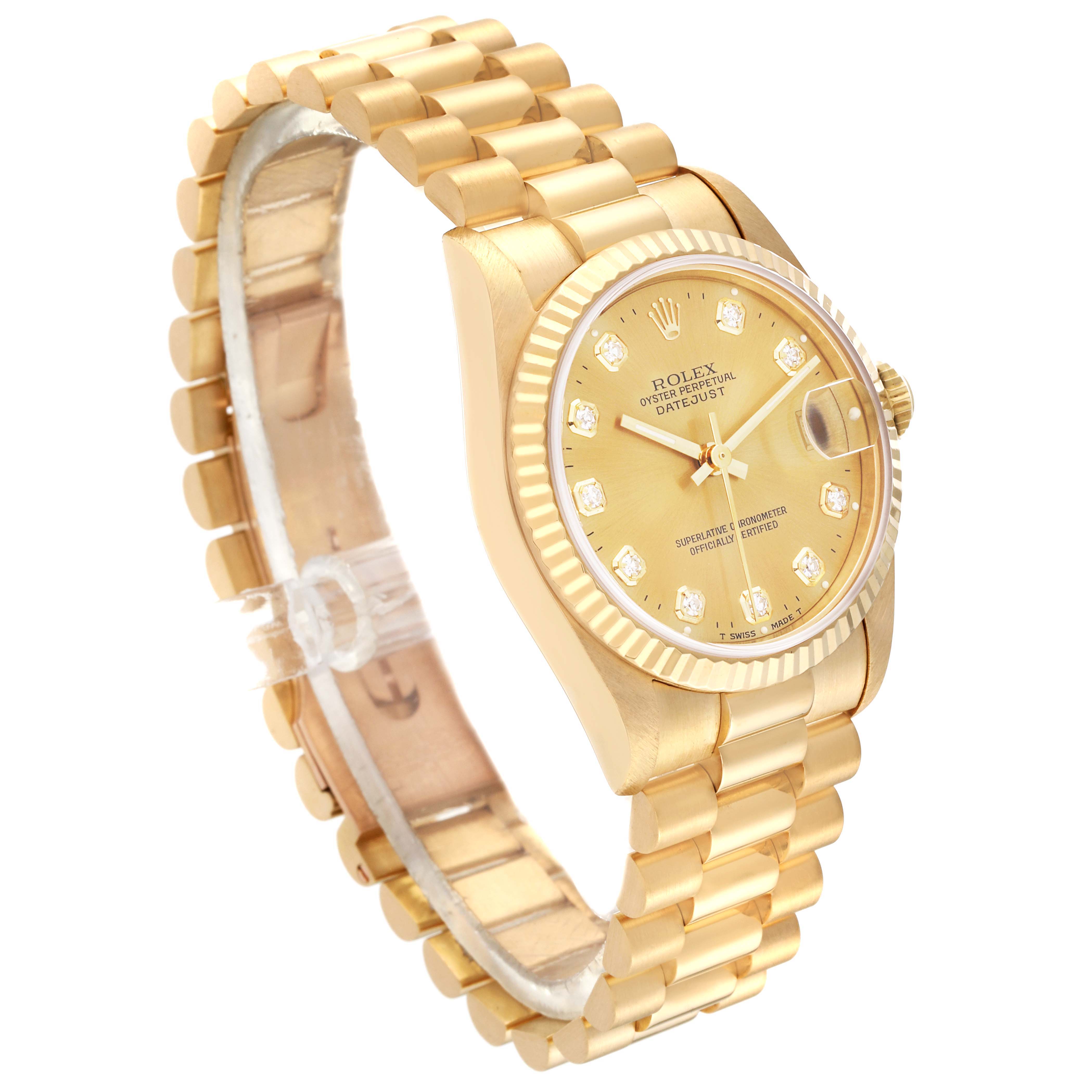 The image shows a Rolex President 68278 Women's Yellow Gold Champagne Dial 68278 Women's Yellow Gold Champagne Dial model watch from an angled side view, highlighting the gold case, bracelet, and diamond hour markers.