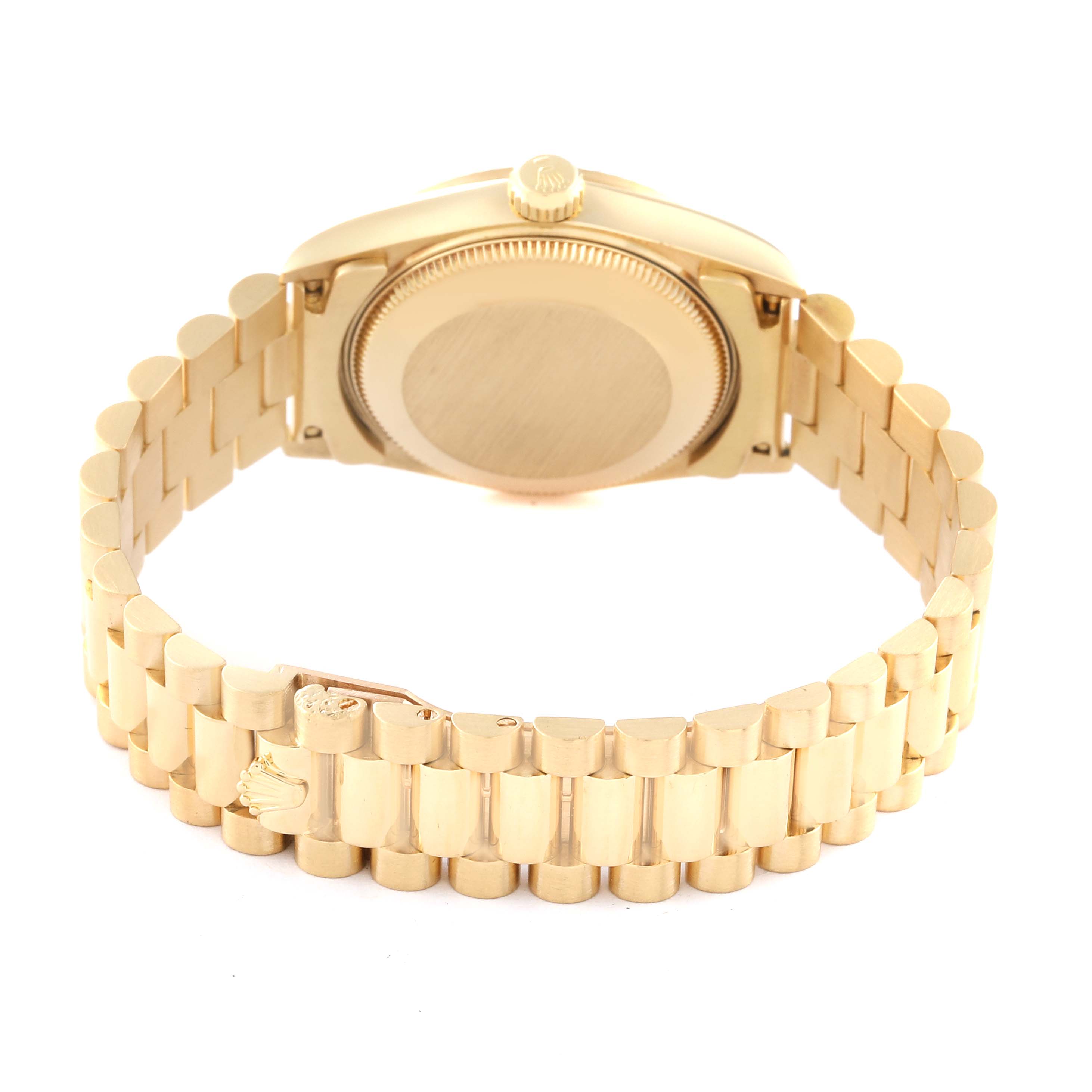 The image shows the back view of the Rolex President 68278 Women's Yellow Gold Champagne Dial 68278 Women's Yellow Gold Champagne Dial model watch, focusing on the case and bracelet.