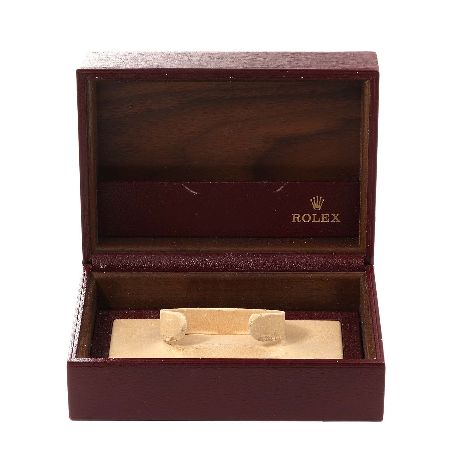 This image shows an empty Rolex President 68278 Women's Yellow Gold Champagne Dial 68278 Women's Yellow Gold Champagne Dial model watch box open from the front angle.