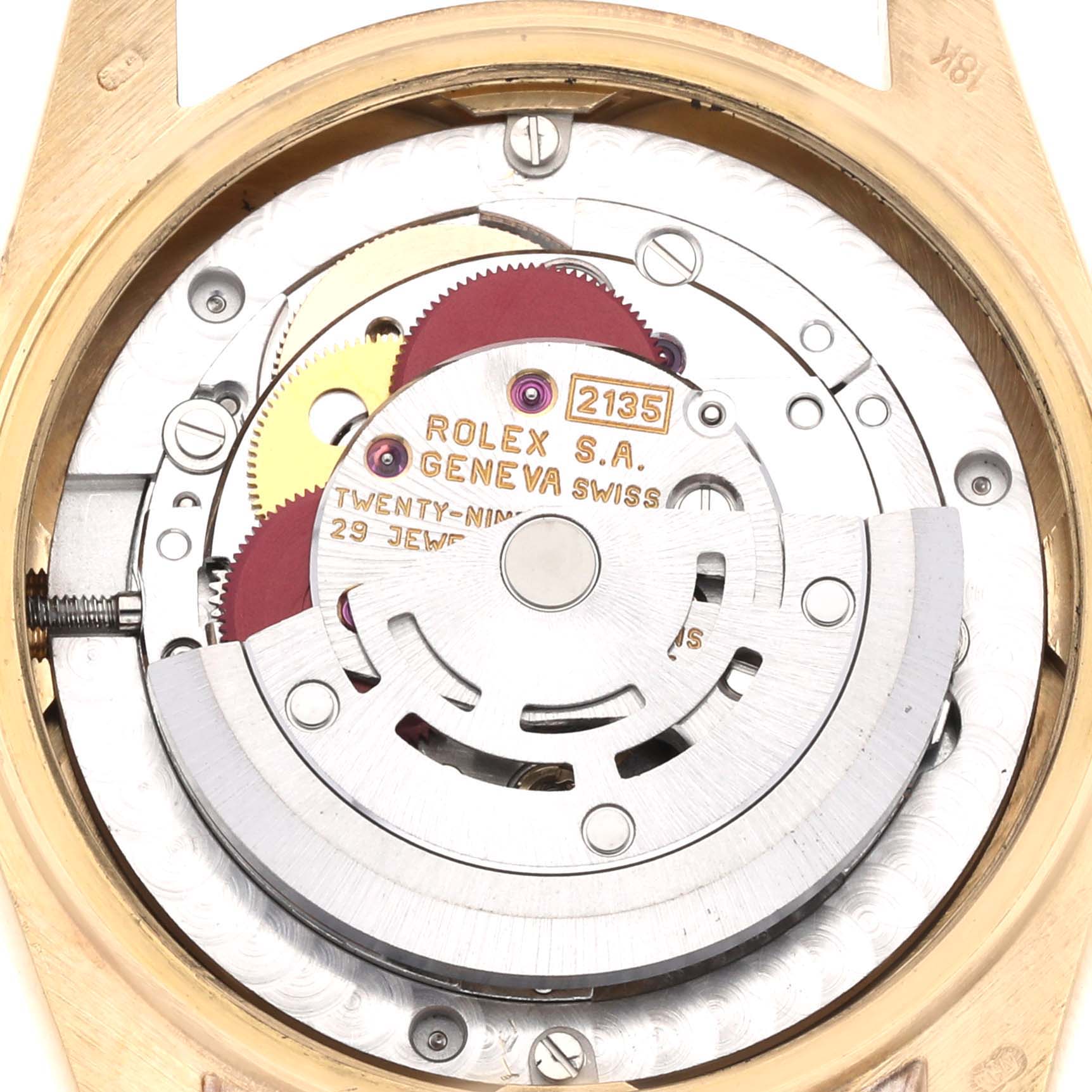 The image shows the movement and internal mechanism of a Rolex President 68278 Women's Yellow Gold Champagne Dial 68278 Women's Yellow Gold Champagne Dial model watch from a back angle.