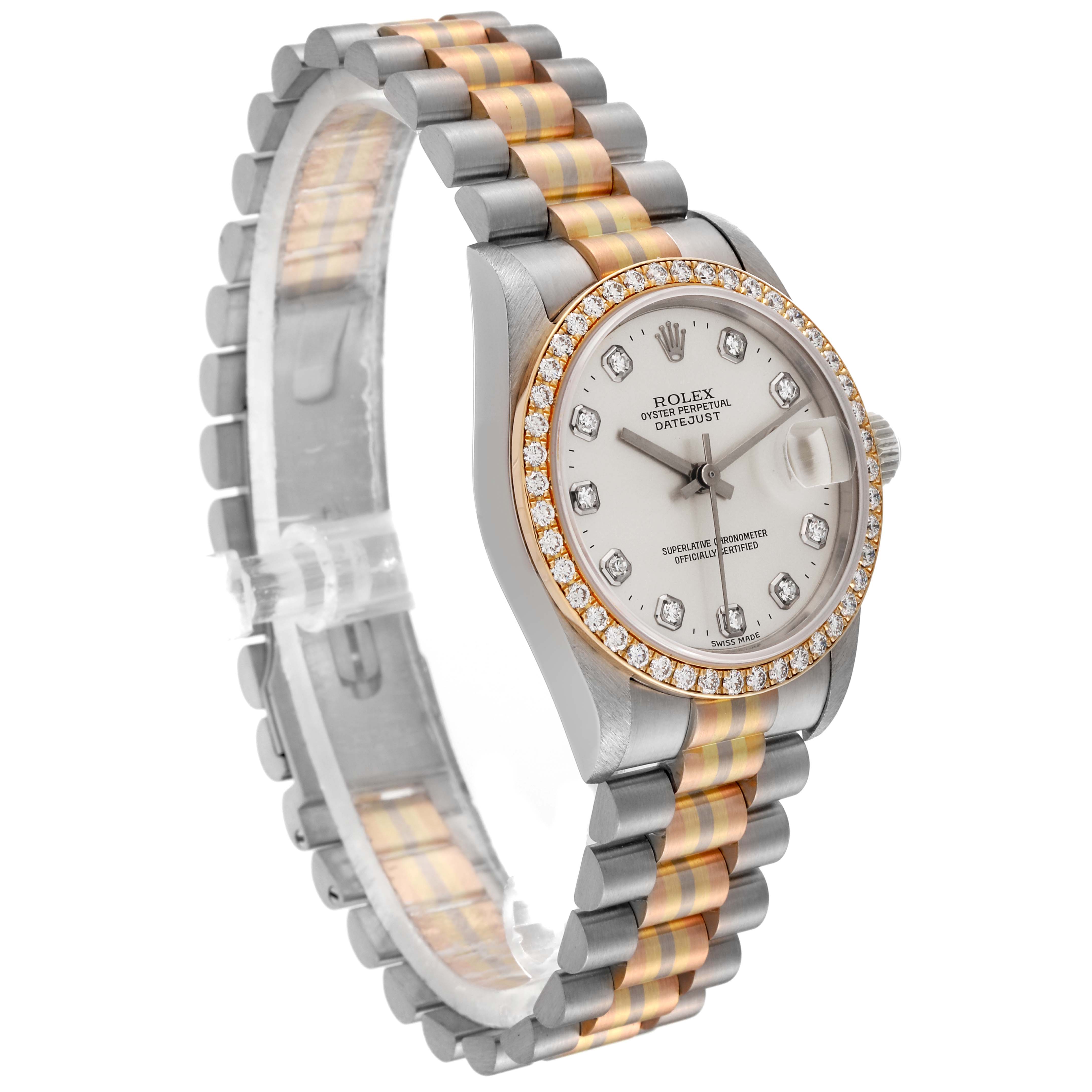 The image shows a Rolex President 68289 Women's White Gold Silver Dial 68289 Women's White Gold Silver Dial model watch at a three-quarter angle, highlighting the bezel, dial, and bracelet.