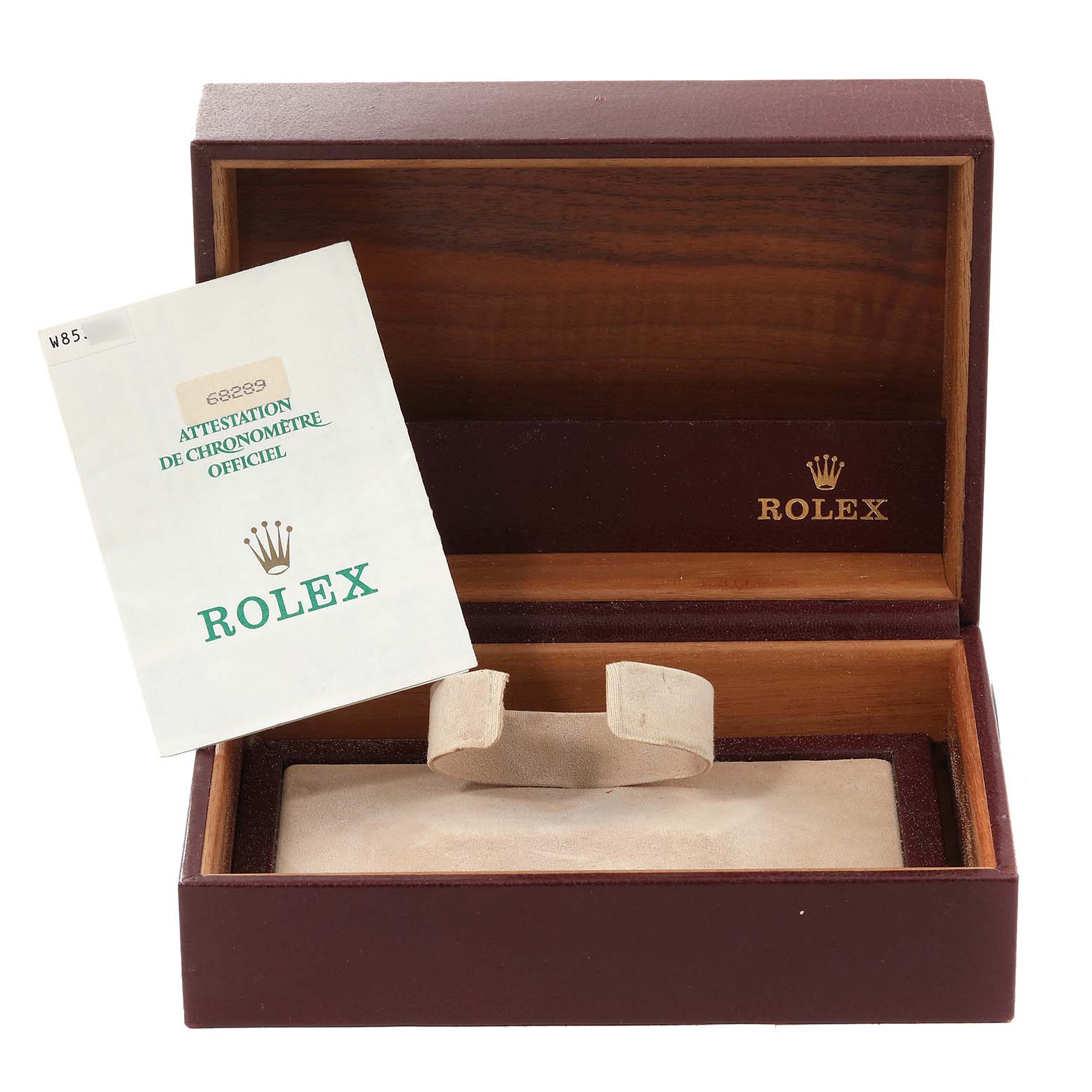 The image shows an open box for the Rolex President 68289 Women's White Gold Silver Dial 68289 Women's White Gold Silver Dial model watch, with a cushion and certificate inside.