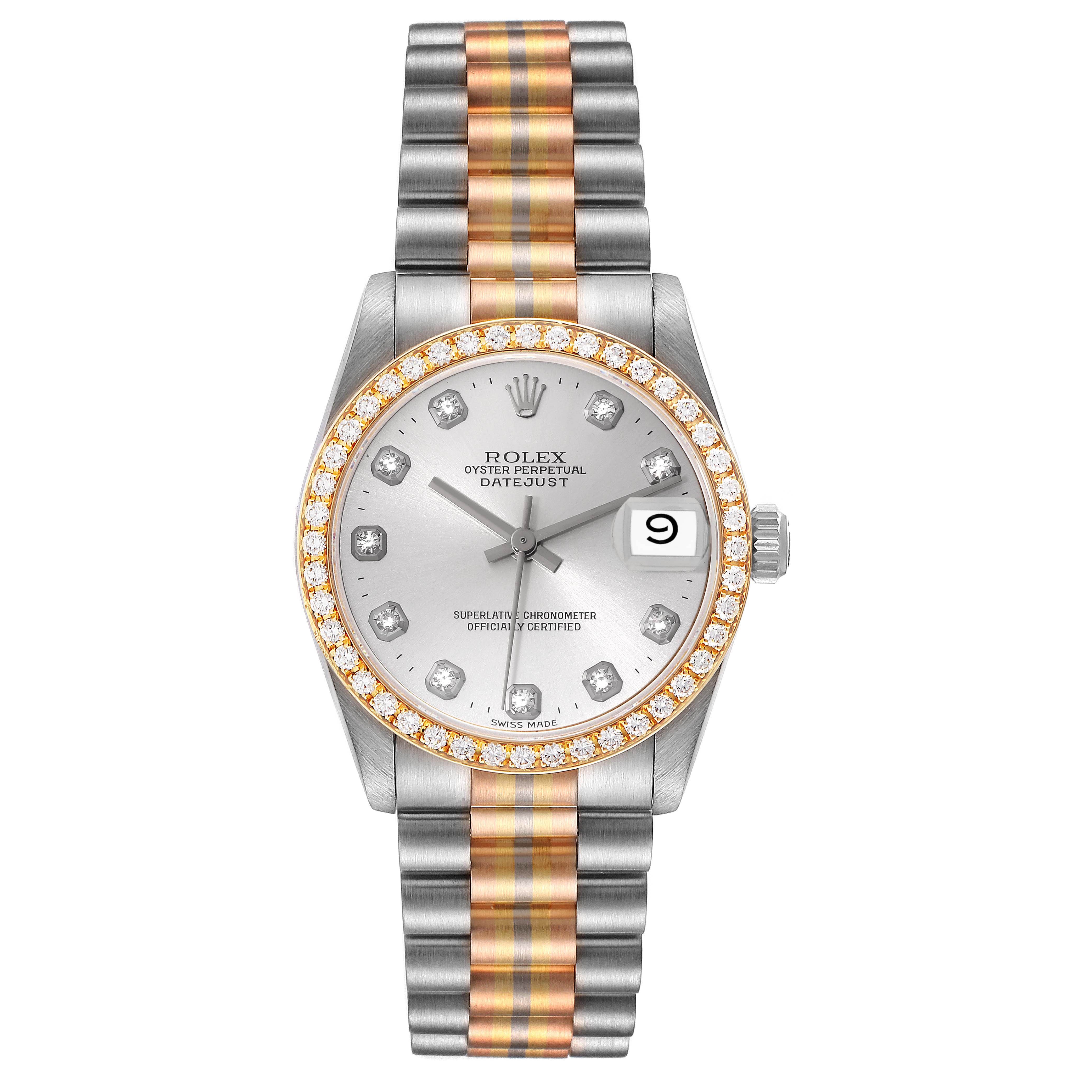 The image shows a front view of a Rolex President 68289 Women's White Gold Silver Dial 68289 Women's White Gold Silver Dial model watch, showcasing the face, bezel, and bracelet.