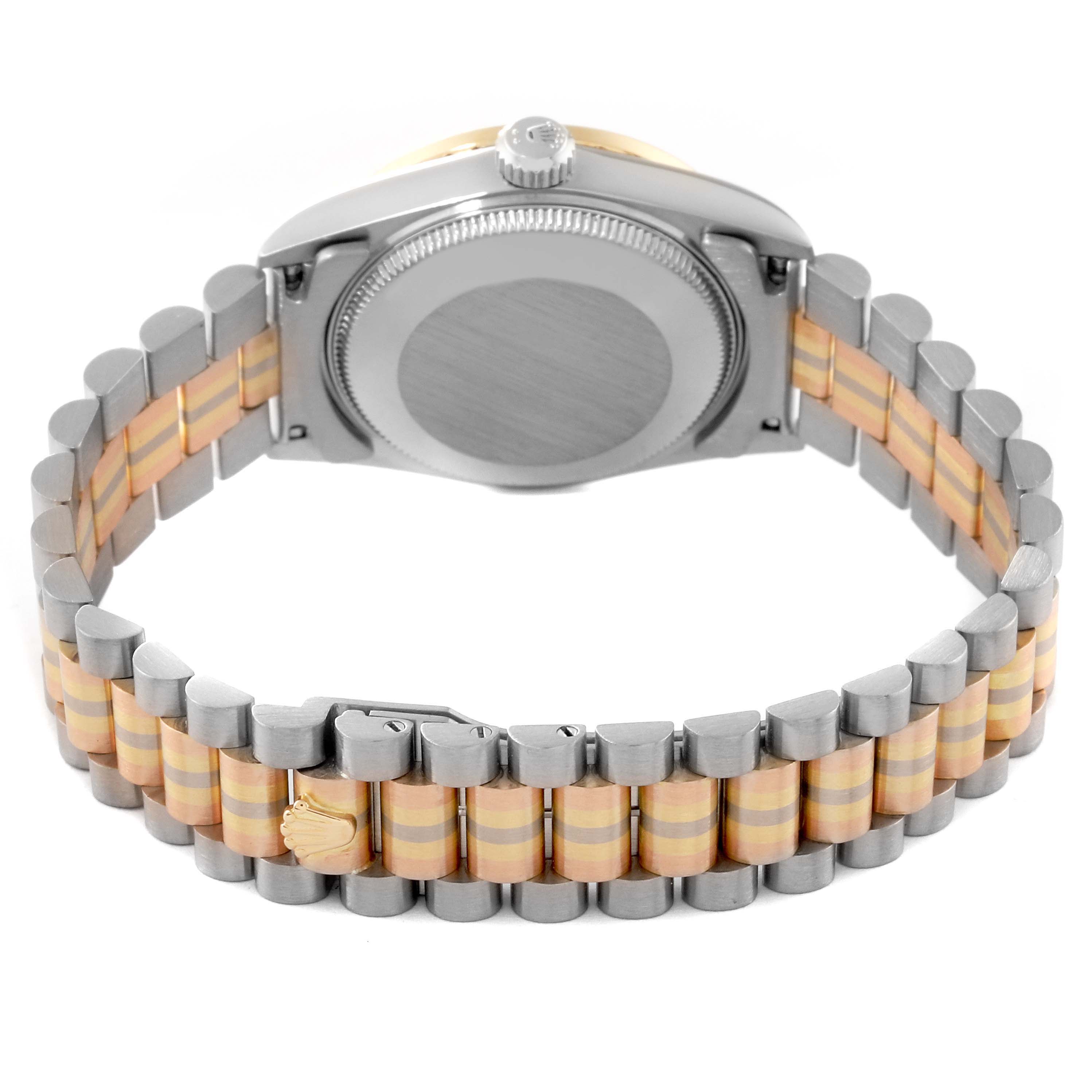 This image shows the back case and the bracelet of a Rolex President 68289 Women's White Gold Silver Dial 68289 Women's White Gold Silver Dial model watch.