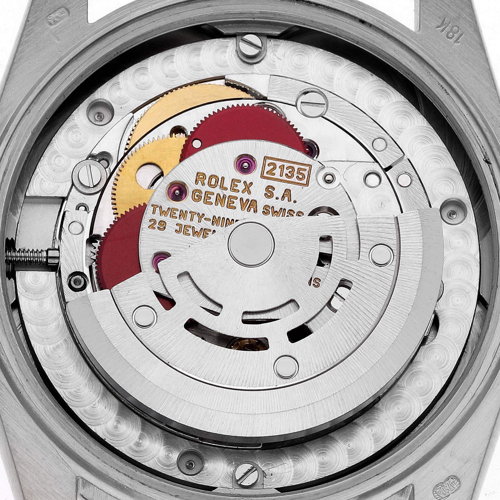 This image shows the movement mechanism of the Rolex President 68289 Women's White Gold Silver Dial 68289 Women's White Gold Silver Dial model, displaying its intricate gears and parts.
