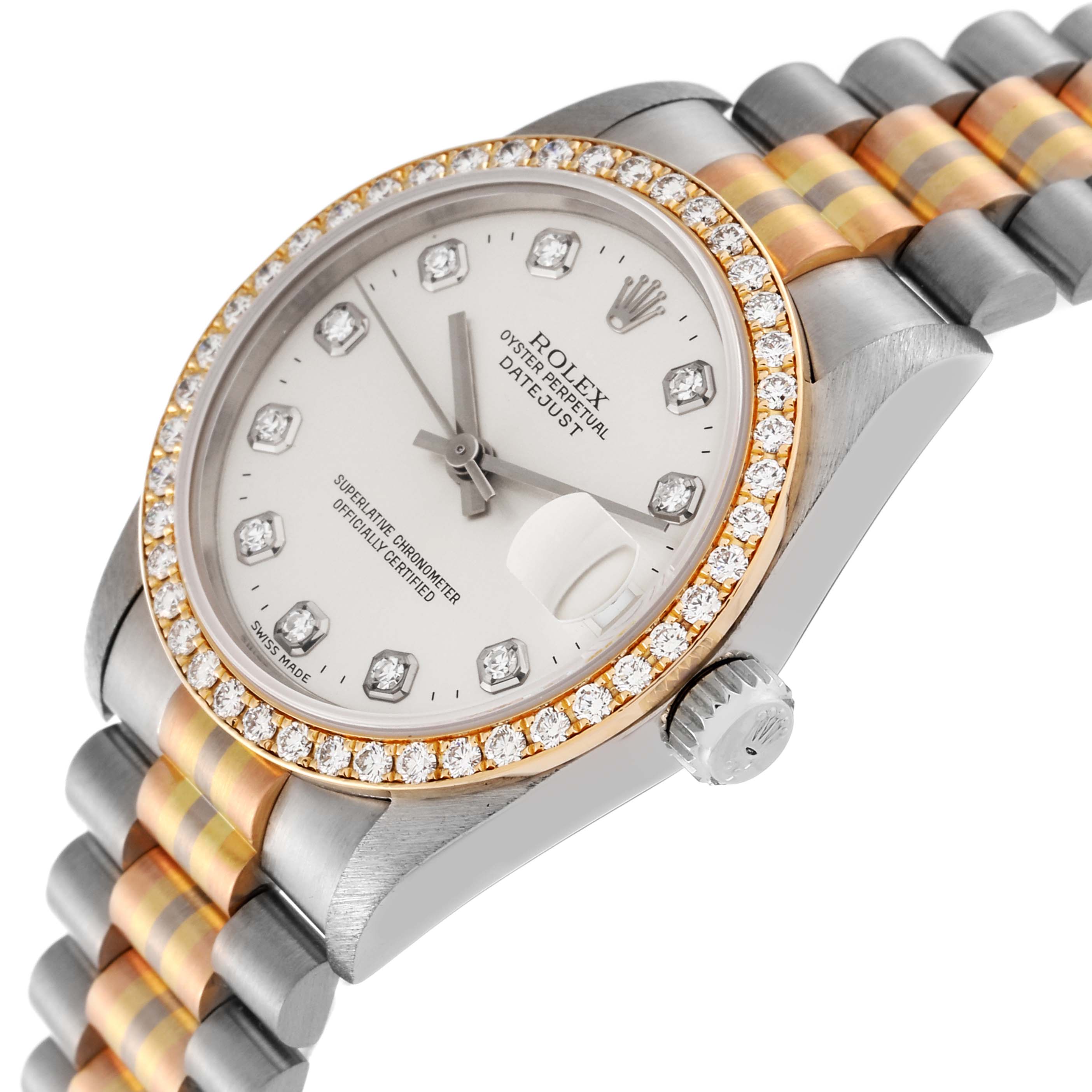 The Rolex President 68289 Women's White Gold Silver Dial 68289 Women's White Gold Silver Dial model watch is shown at an angle displaying its face, bezel, crown, and part of the two-tone bracelet.