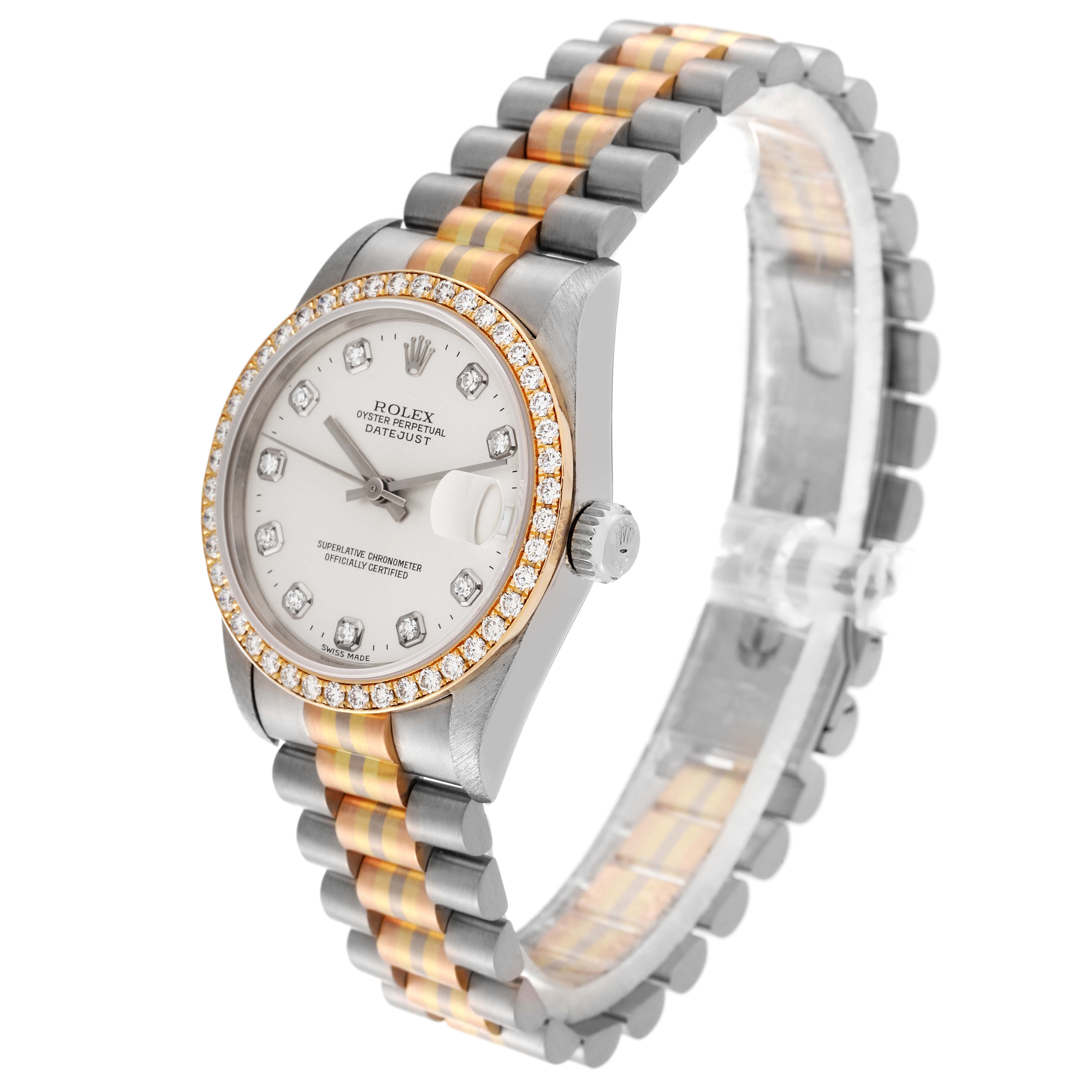 The Rolex President 68289 Women's White Gold Silver Dial 68289 Women's White Gold Silver Dial model watch is shown at an angled side view, highlighting its dial, bezel, and bracelet.
