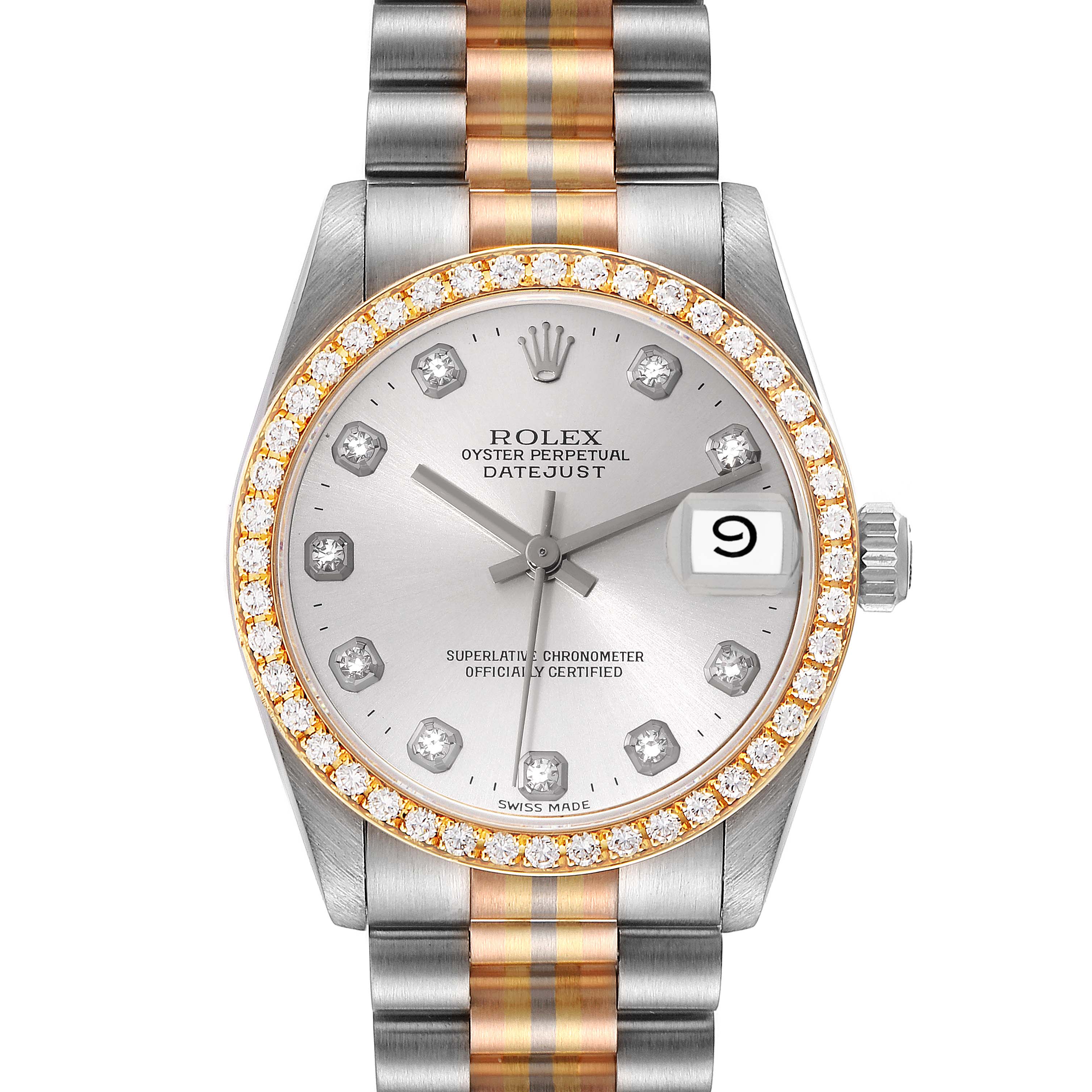 The Rolex President 68289 Women's White Gold Silver Dial 68289 Women's White Gold Silver Dial model is shown from the front, revealing the full face, bezel, and part of the bracelet.