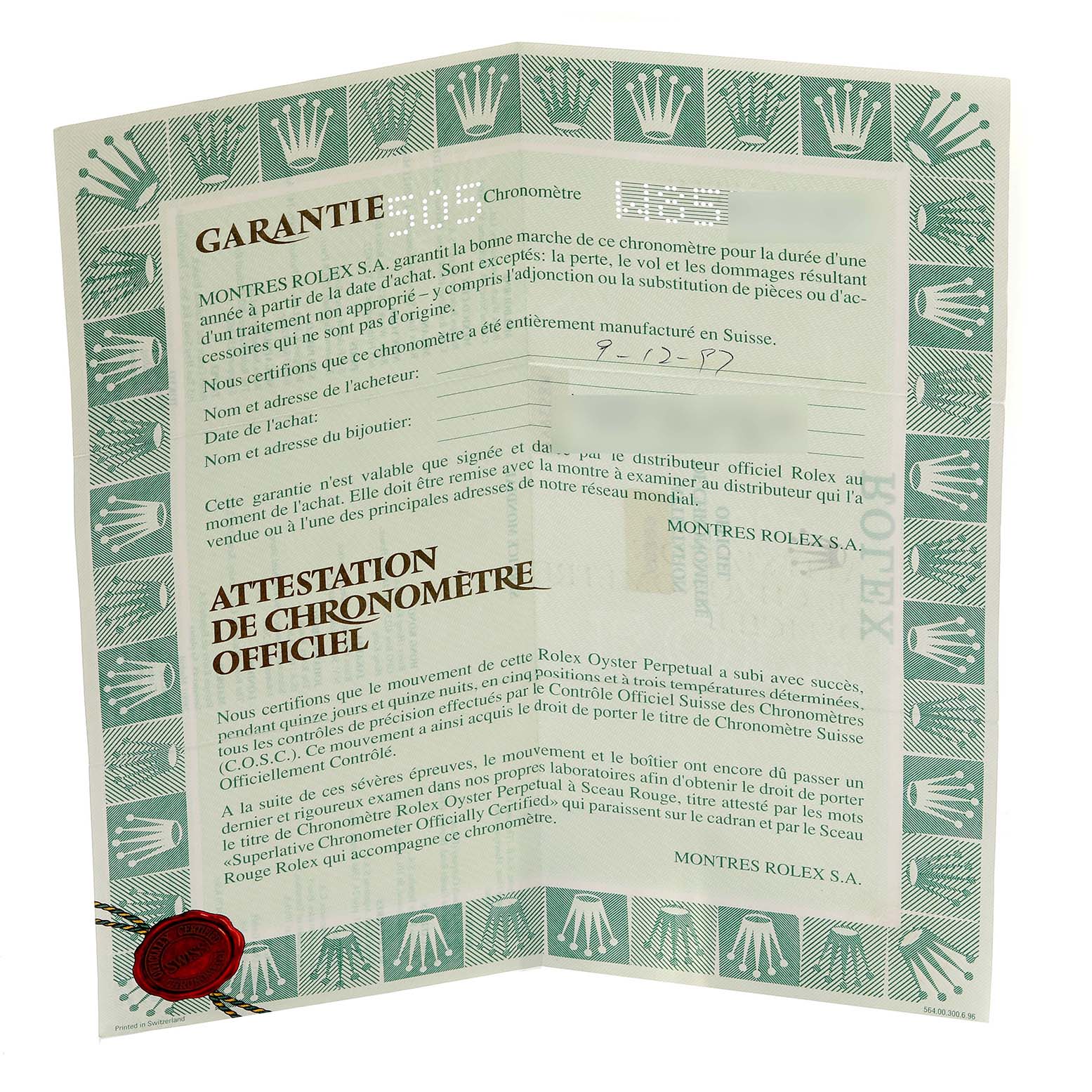 The image shows the guarantee and official chronometer certification document for the Rolex President 68289 Women's White Gold Silver Dial 68289 Women's White Gold Silver Dial model.