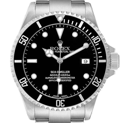 The image shows a frontal view of the Rolex Sea-Dweller 16600 Men's Stainless Steel Black Dial watch, highlighting the dial, bezel, and crown.