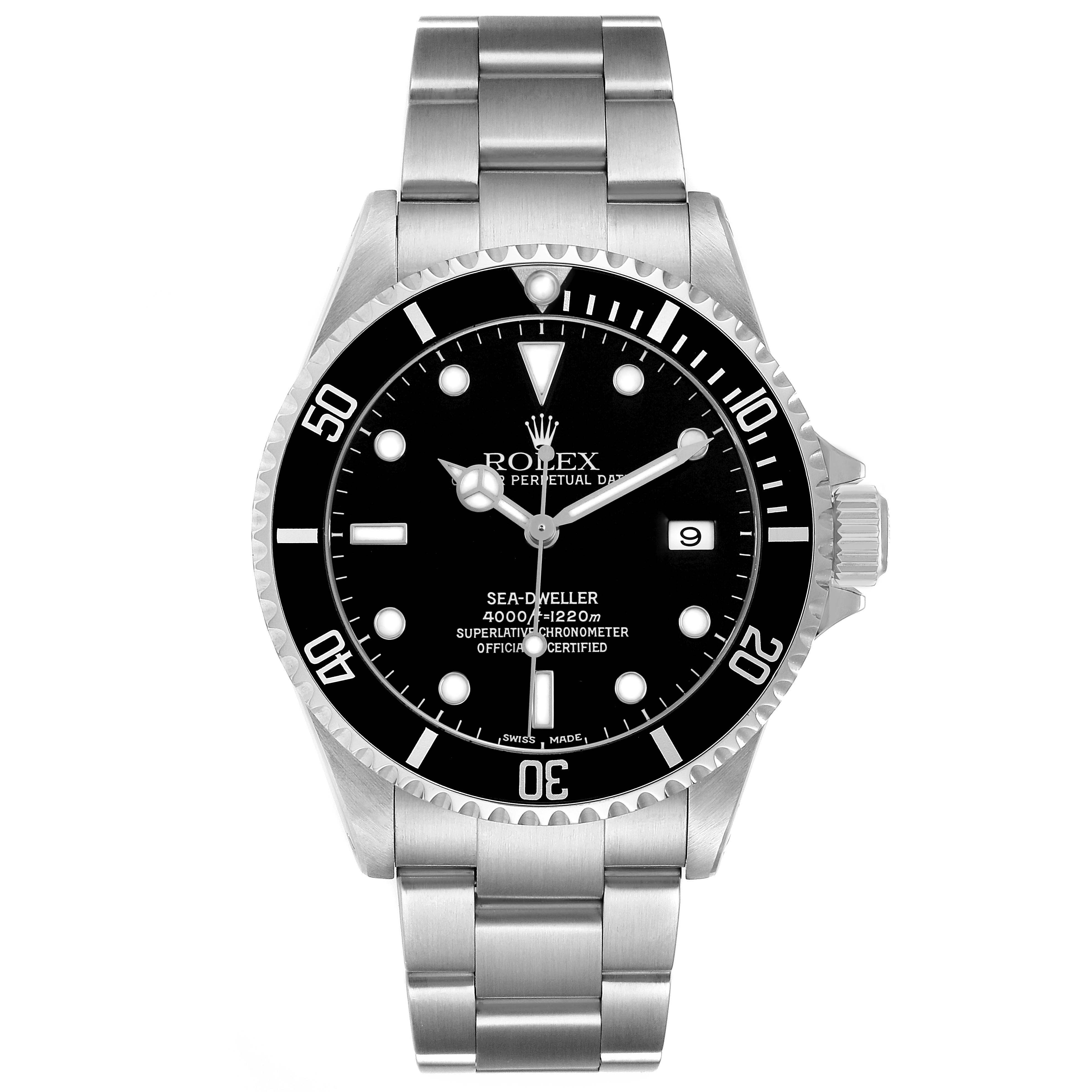 The Rolex Sea-Dweller 16600 Men's Stainless Steel Black Dial watch is shown from the front, displaying the dial, bezel, and bracelet.