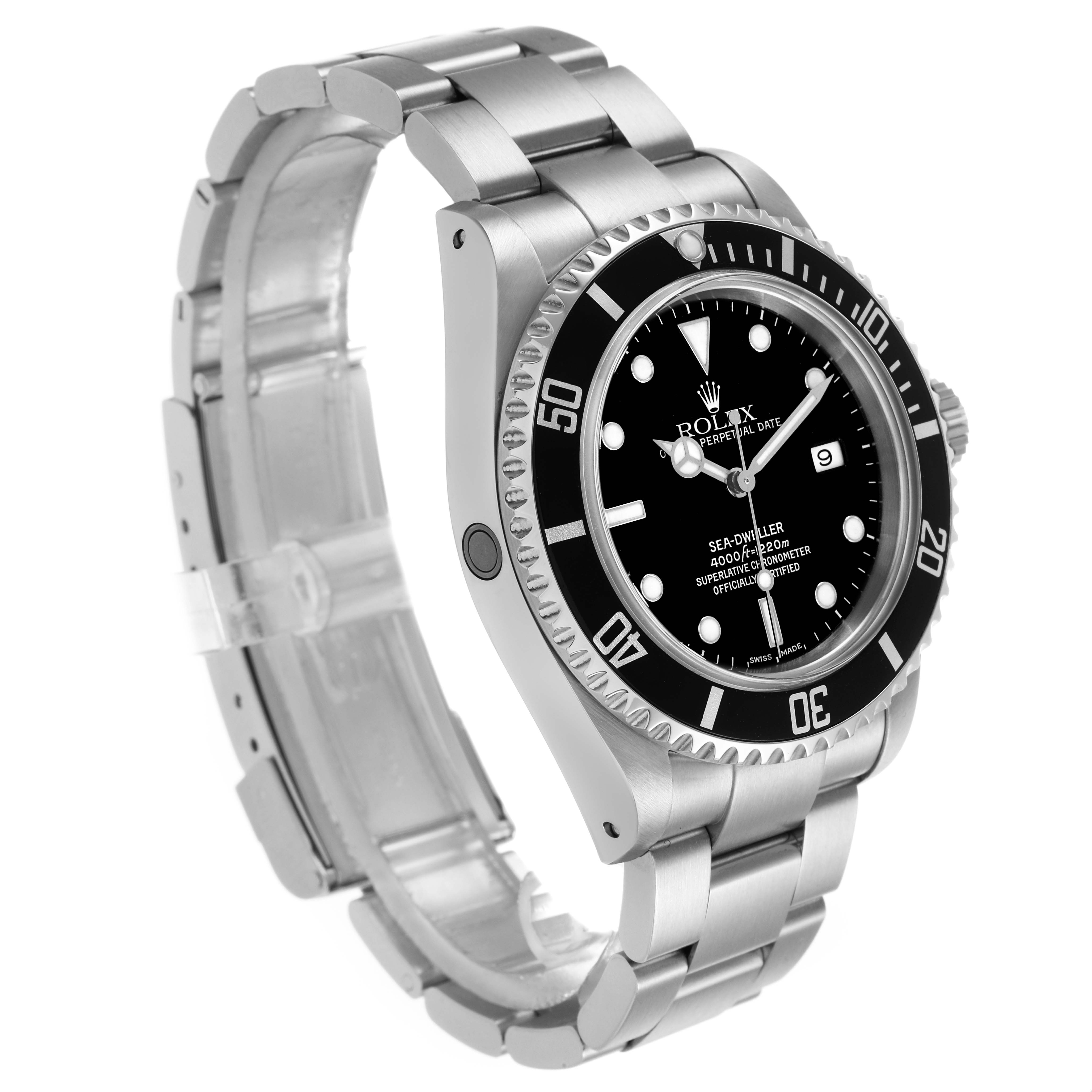 The Rolex Sea-Dweller 16600 Men's Stainless Steel Black Dial watch is shown at a three-quarter angle, displaying the bezel, dial, bracelet, and side profile.