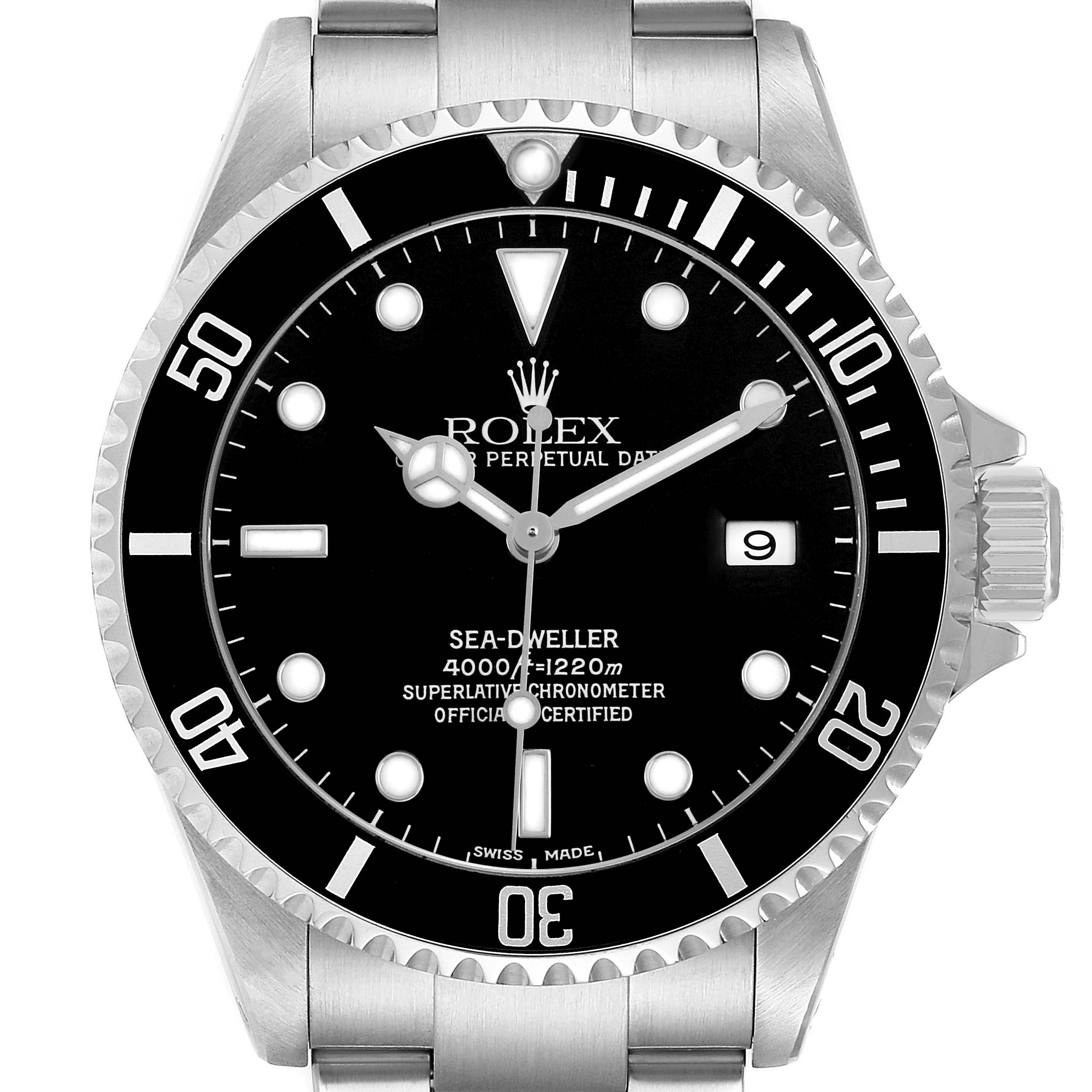 The image shows a front view of the Rolex Sea-Dweller 16600 Men's Stainless Steel Black Dial watch, displaying its dial, bezel, and bracelet.