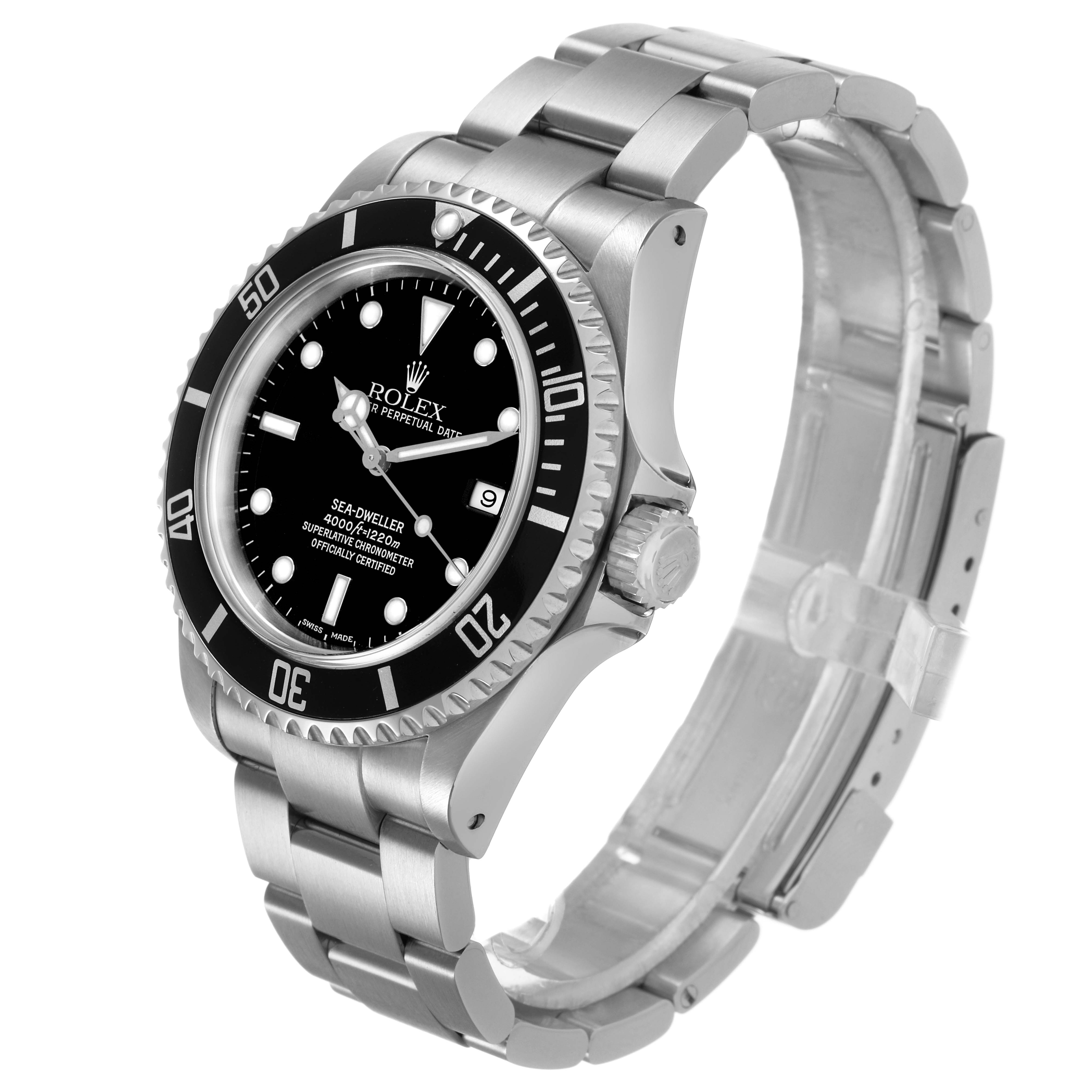 The Rolex Sea-Dweller 16600 Men's Stainless Steel Black Dial watch is shown at an angled side view, highlighting the face, bezel, crown, and bracelet.