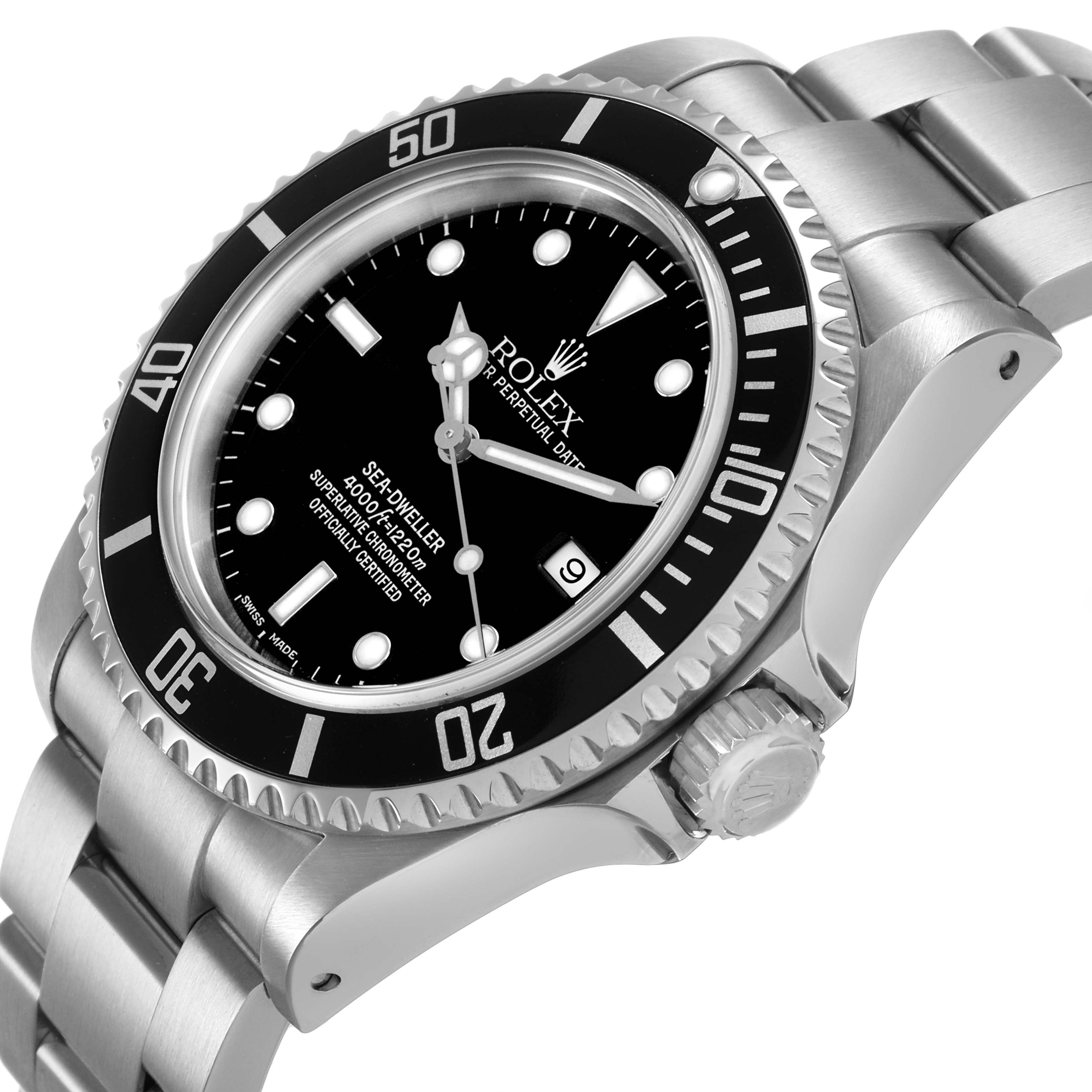 The Rolex Sea-Dweller 16600 Men's Stainless Steel Black Dial watch is shown at an angled side view, highlighting the bezel, dial, crown, and stainless steel bracelet.