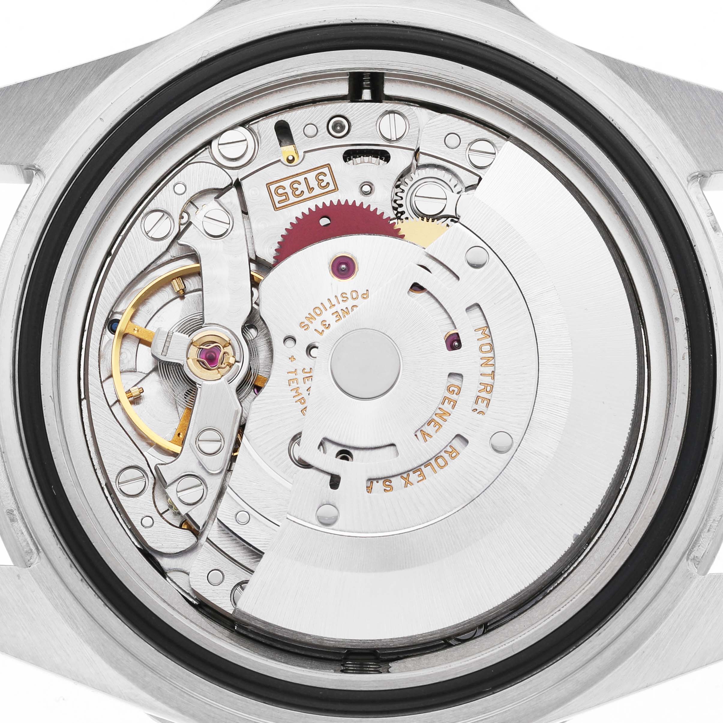 The image shows the backside of a Rolex Sea-Dweller 16600 Men's Stainless Steel Black Dial, highlighting its intricate movement components.