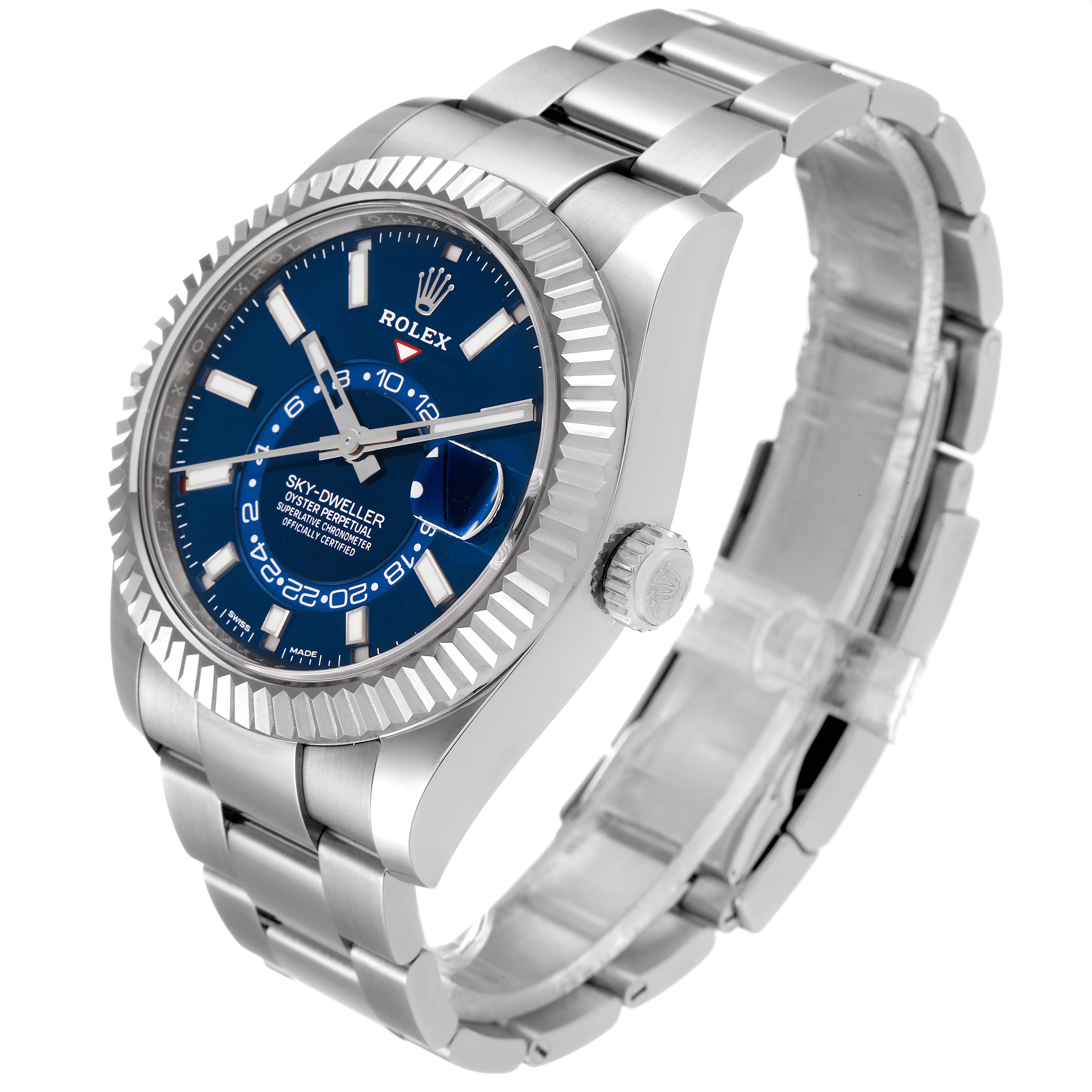 This image shows a Rolex Sky-Dweller 326934 Men's Stainless Steel Blue Dial 326934 Men's Stainless Steel Blue Dial watch from a three-quarter angle, showcasing the blue dial, bezel, crown, and bracelet.