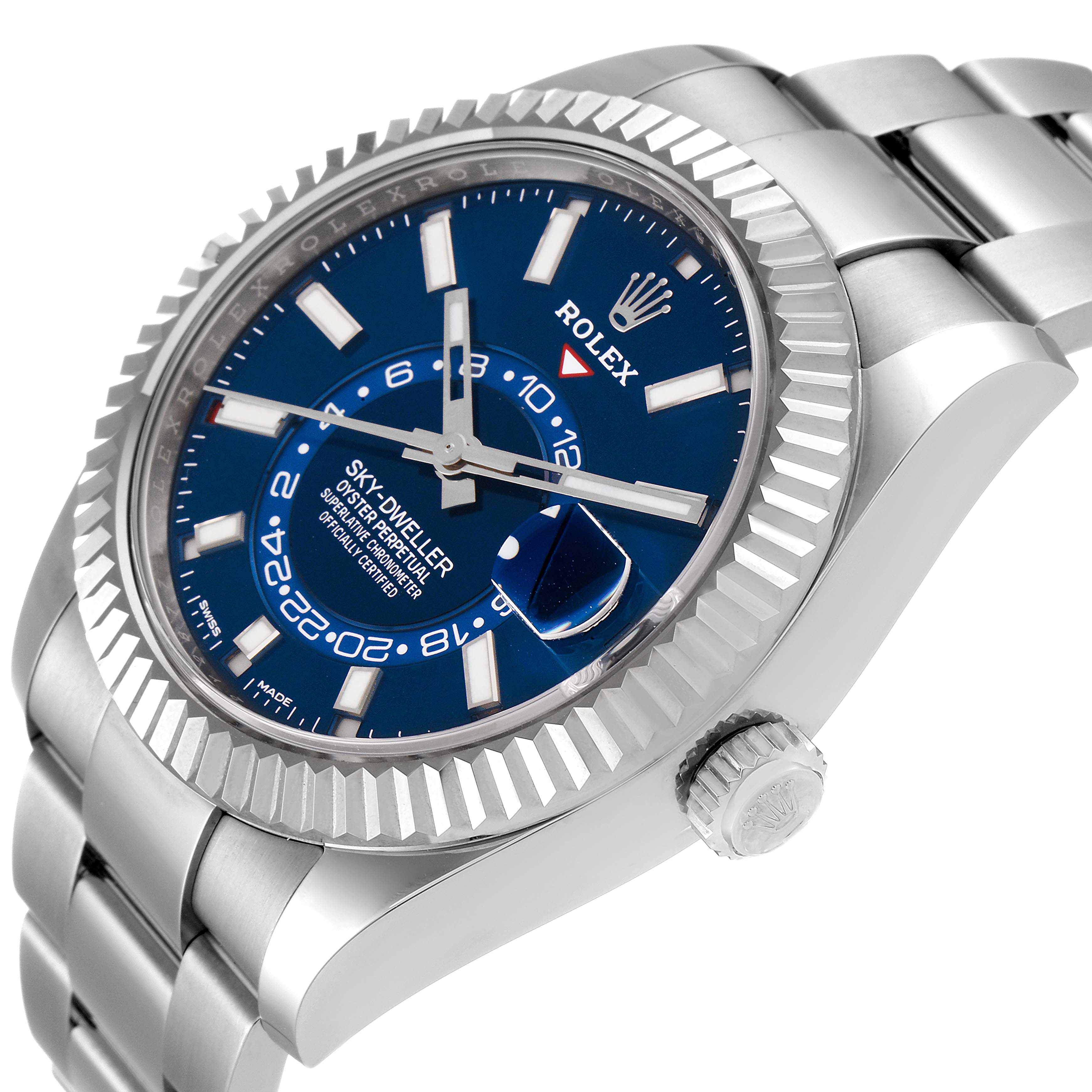 The image shows a close-up, angled view of the Rolex Sky-Dweller 326934 Men's Stainless Steel Blue Dial 326934 Men's Stainless Steel Blue Dial, highlighting its blue dial, bezel, and part of the bracelet.