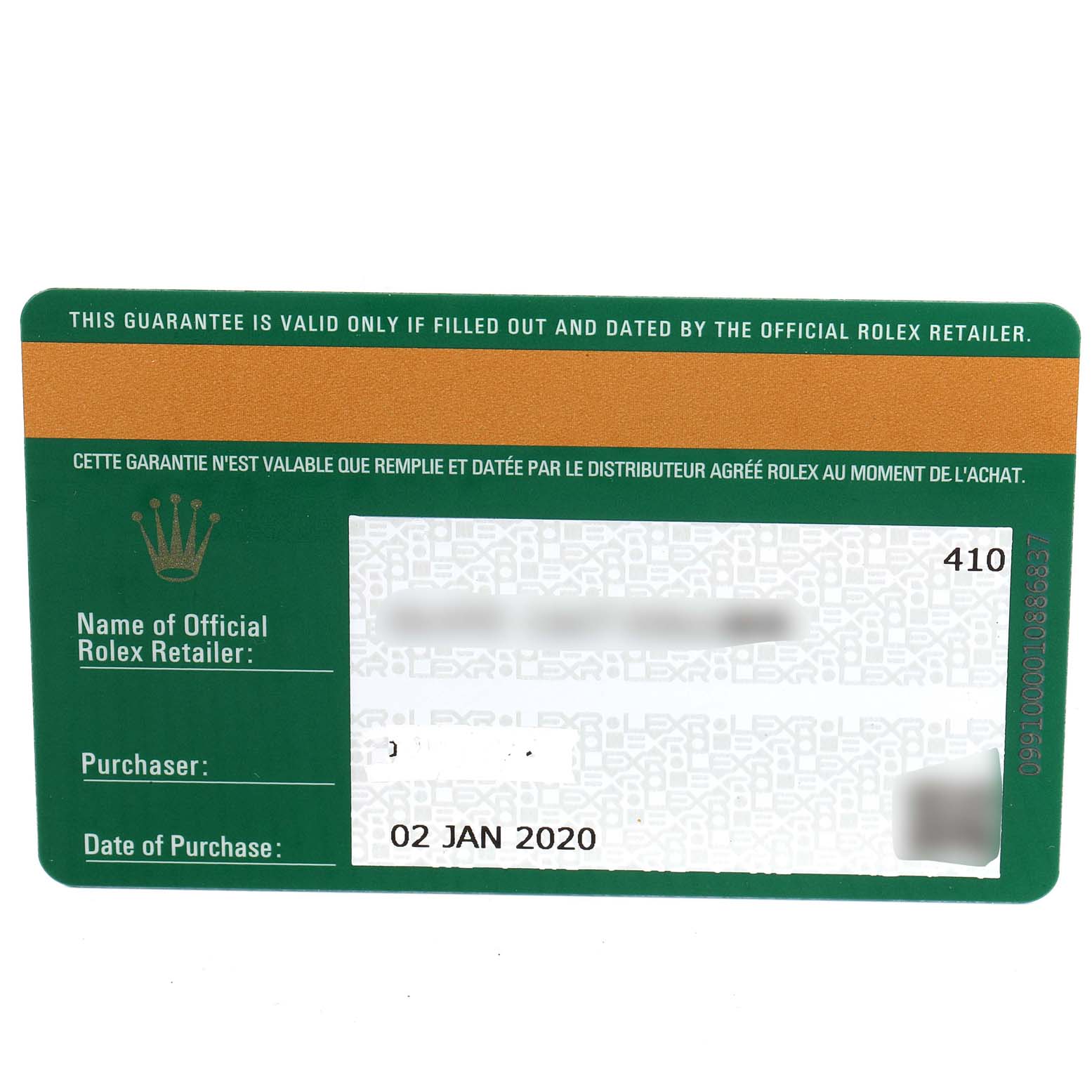 The image shows a warranty card for a Rolex Sky-Dweller 326934 Men's Stainless Steel Blue Dial 326934 Men's Stainless Steel Blue Dial watch, including fields for the retailer's name, purchaser, and date of purchase.