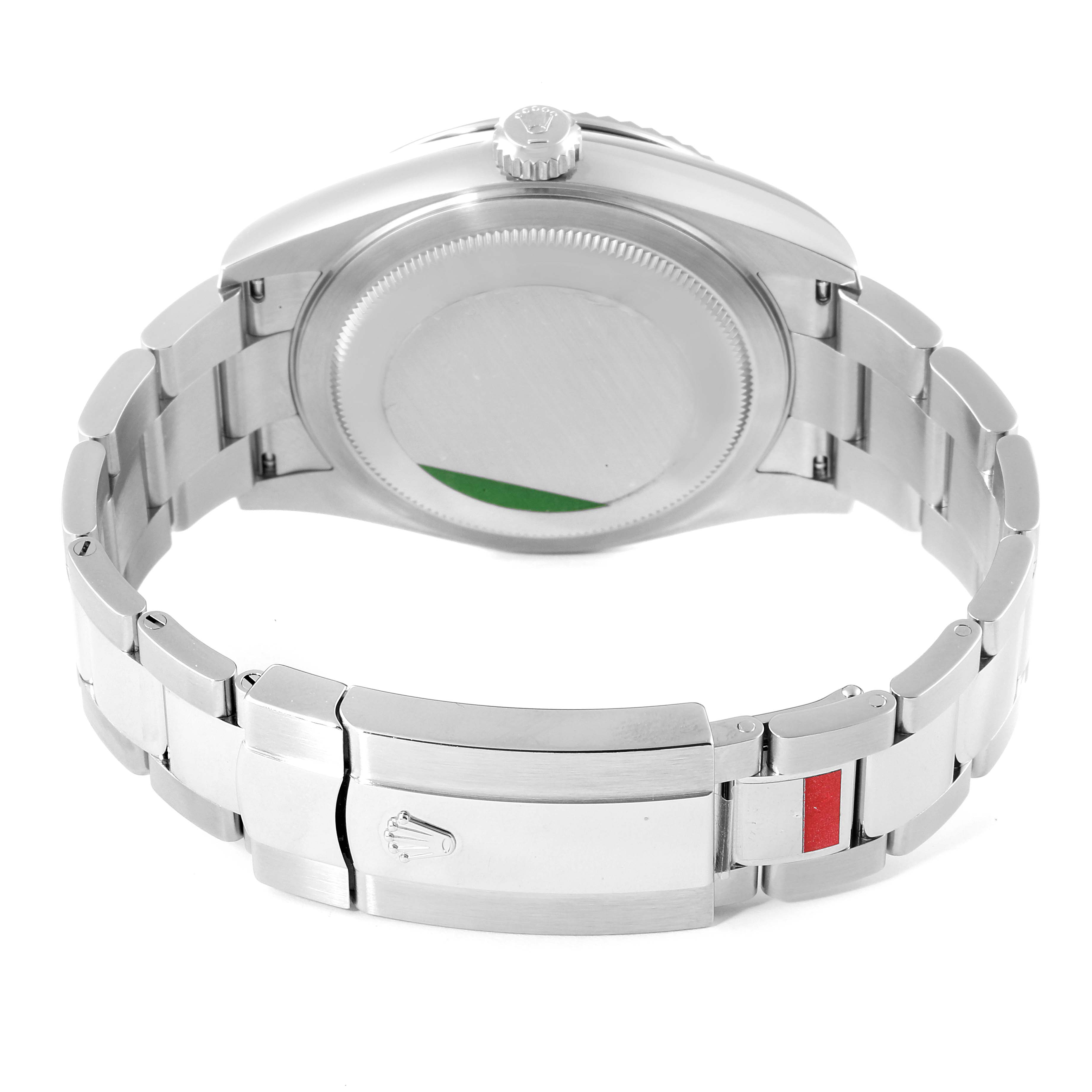 This image shows the back view of a Rolex Sky-Dweller 326934 Men's Stainless Steel Blue Dial 326934 Men's Stainless Steel Blue Dial watch, highlighting the case back, bracelet, and clasp.