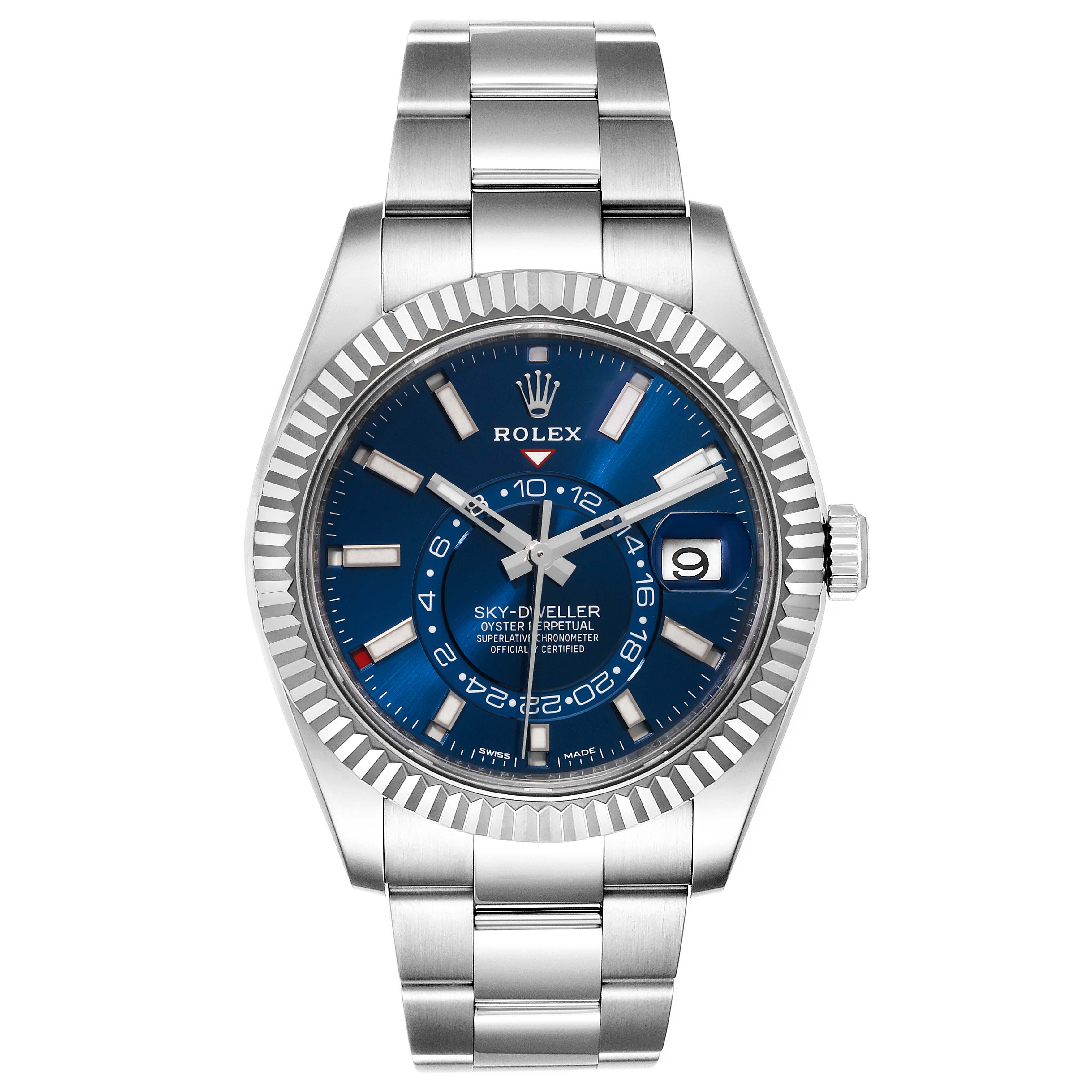 The image shows a front view of a Rolex Sky-Dweller 326934 Men's Stainless Steel Blue Dial 326934 Men's Stainless Steel Blue Dial watch displaying the dial, bezel, bracelet, and crown.