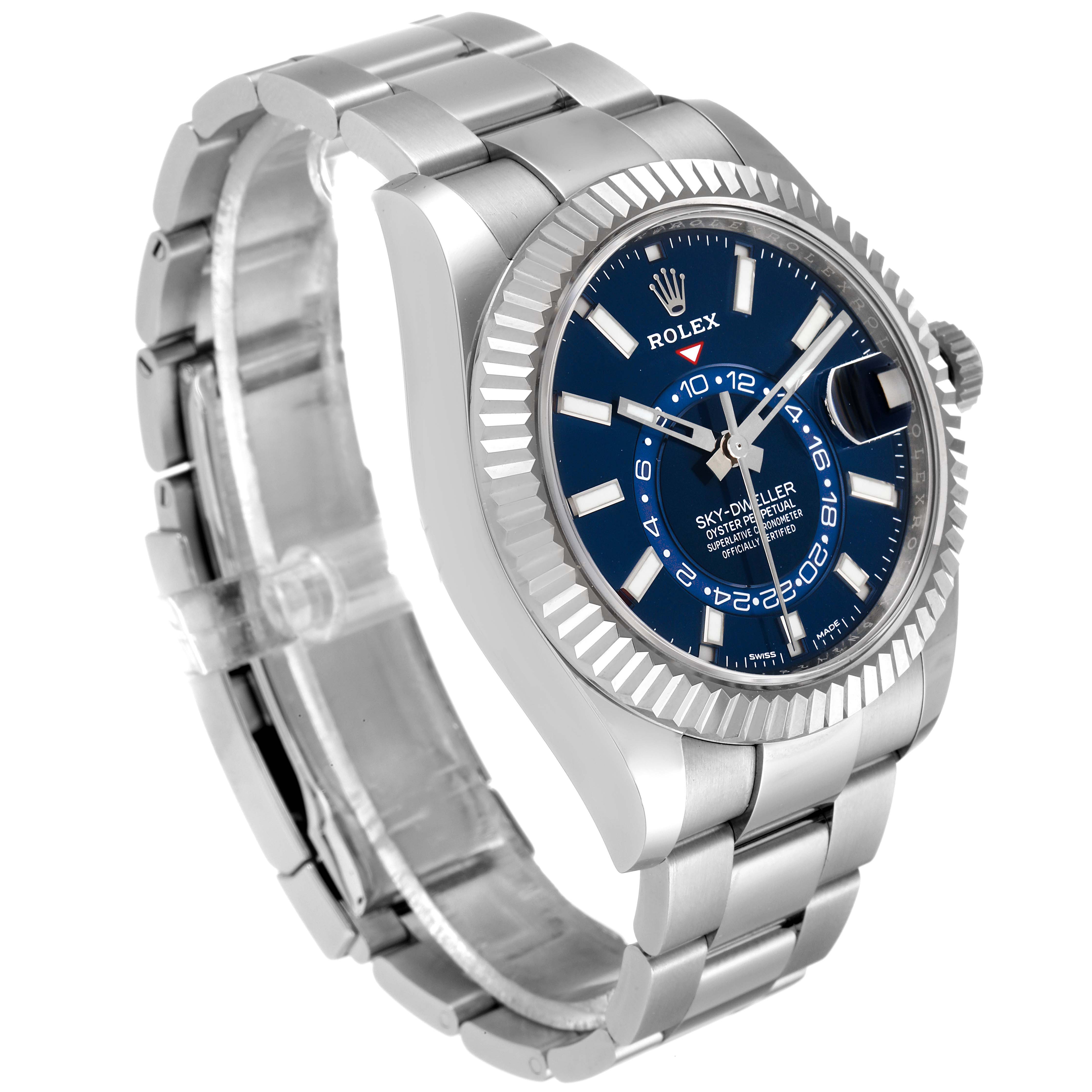 This image shows a side angle of the Rolex Sky-Dweller 326934 Men's Stainless Steel Blue Dial 326934 Men's Stainless Steel Blue Dial watch, highlighting its dial, bezel, case, bracelet, and crown.