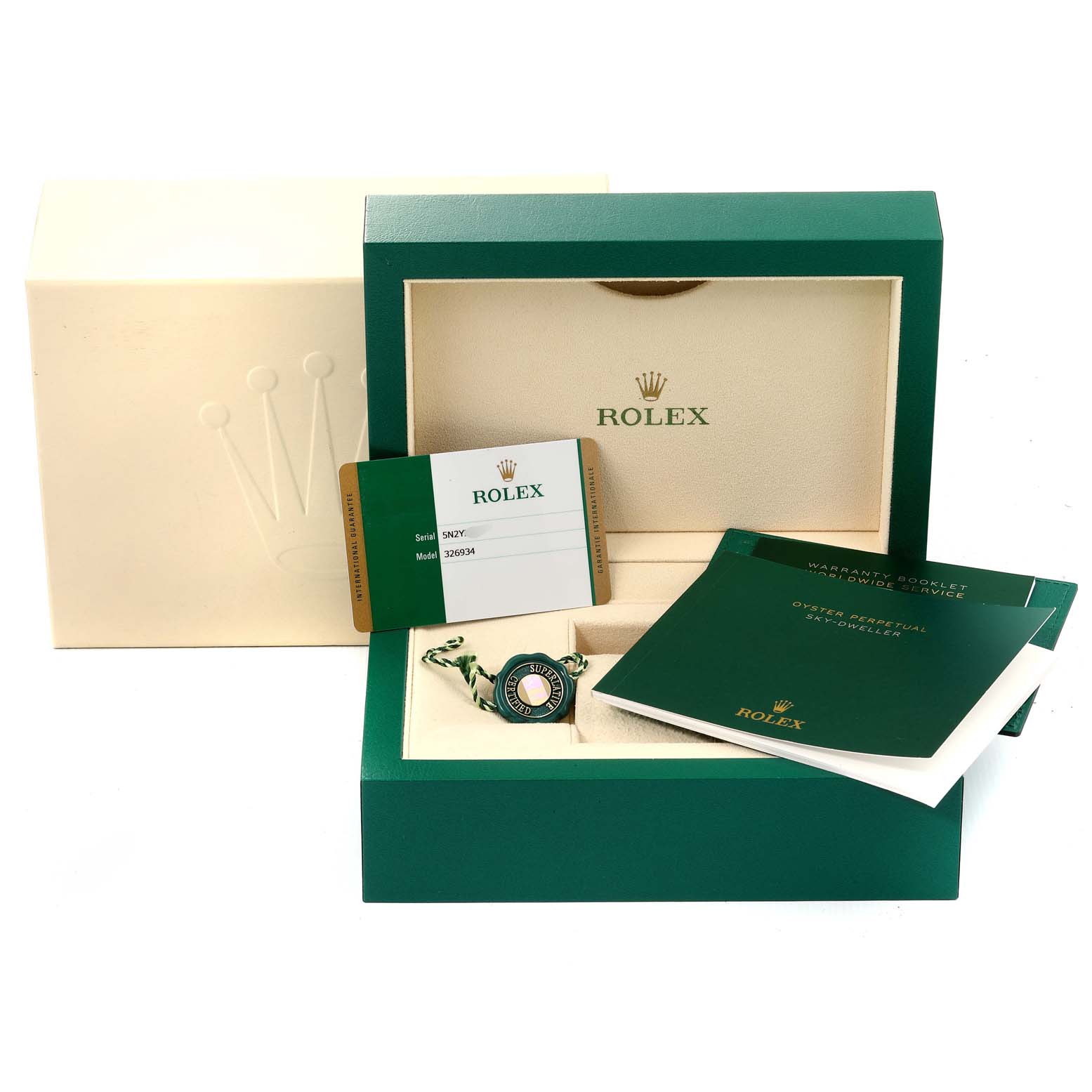 Image shows Rolex Sky-Dweller 326934 Men's Stainless Steel Blue Dial 326934 Men's Stainless Steel Blue Dial accessories: packaging box, warranty card, booklets, and a tag.