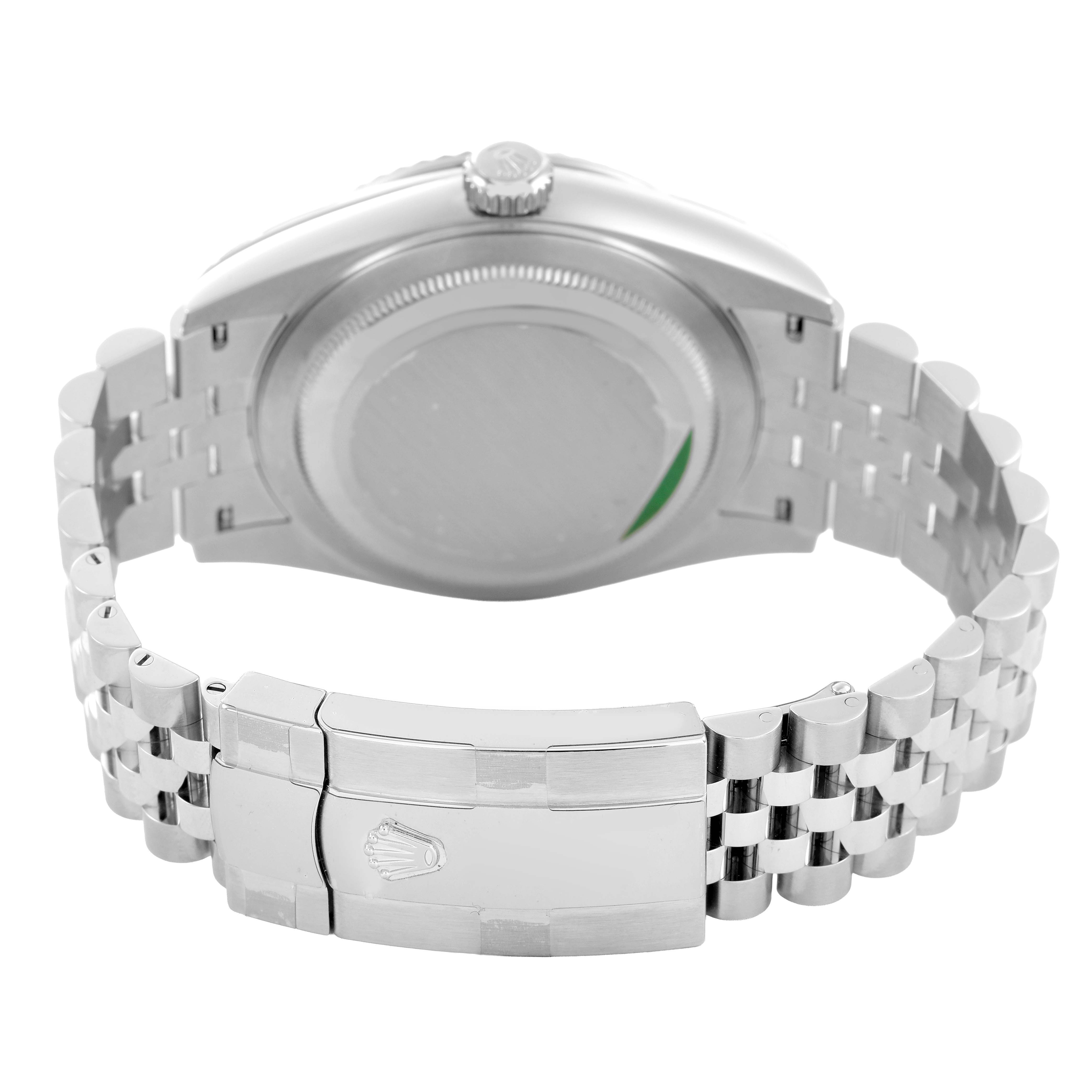 The image shows the back view of a Rolex Sky-Dweller 336934 Men's Stainless Steel Green Dial, highlighting the clasp and bracelet.