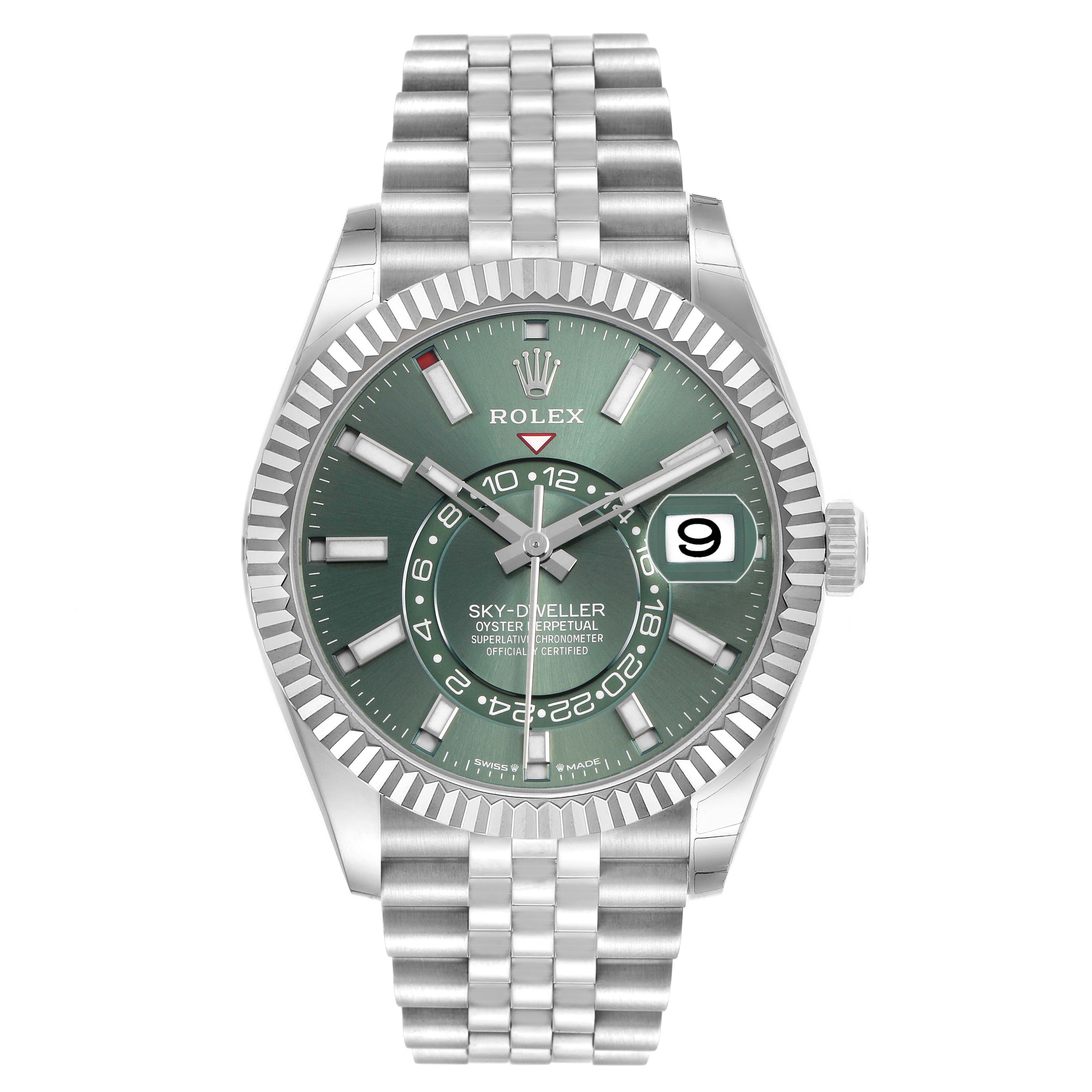 The image shows a front view of the Rolex Sky-Dweller 336934 Men's Stainless Steel Green Dial, highlighting the dial, bezel, and bracelet.