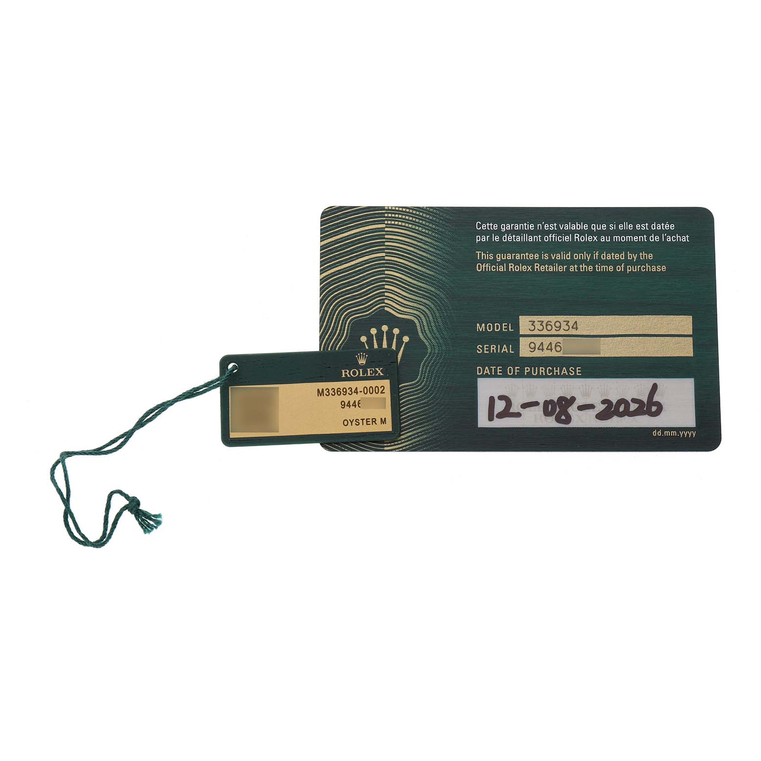 The image shows documentation and a tag for a Rolex Sky-Dweller 336934 Men's Stainless Steel Green Dial, displaying model and serial numbers with a purchase date.