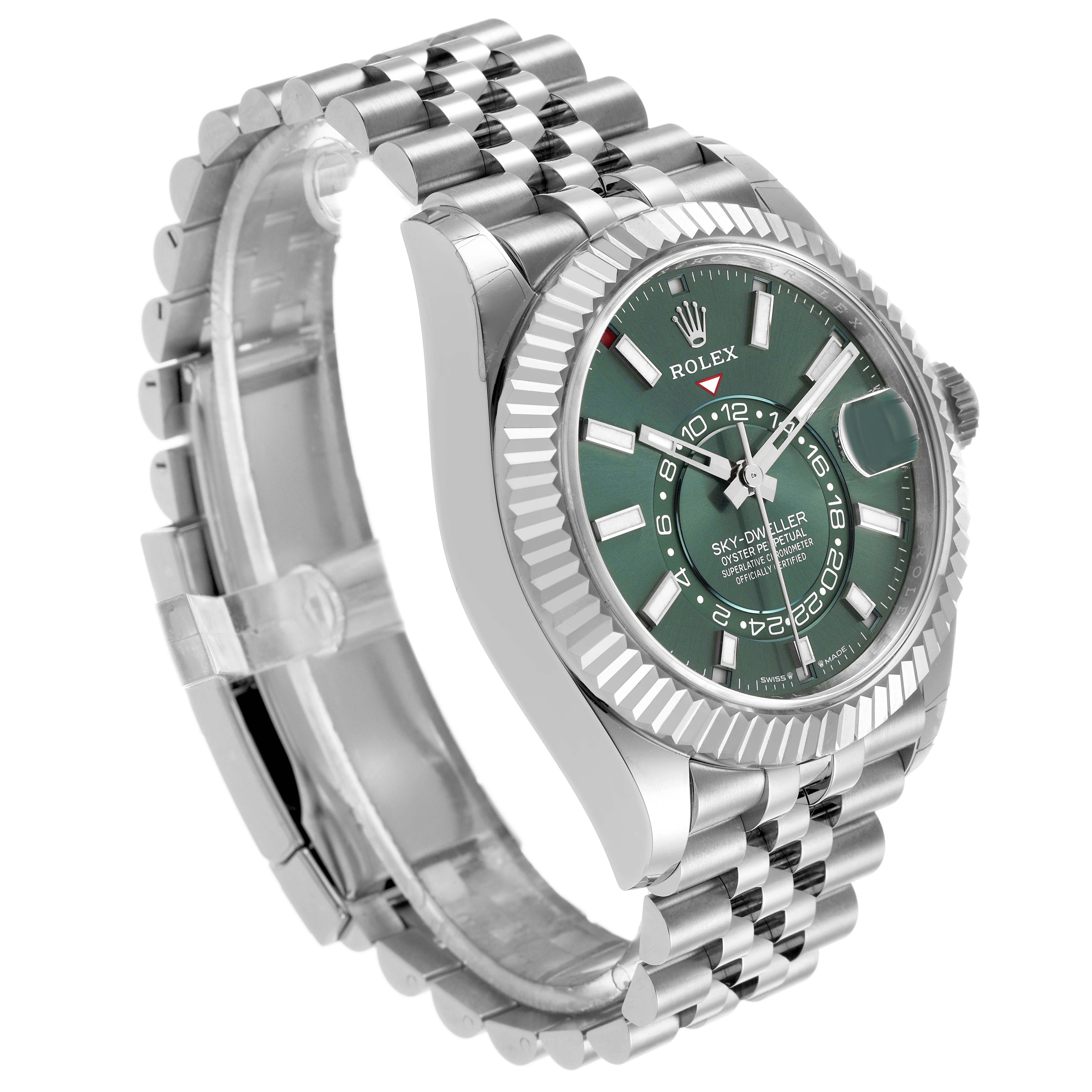 The Rolex Sky-Dweller 336934 Men's Stainless Steel Green Dial watch is shown at a slight angle, highlighting the dial, bezel, and bracelet.