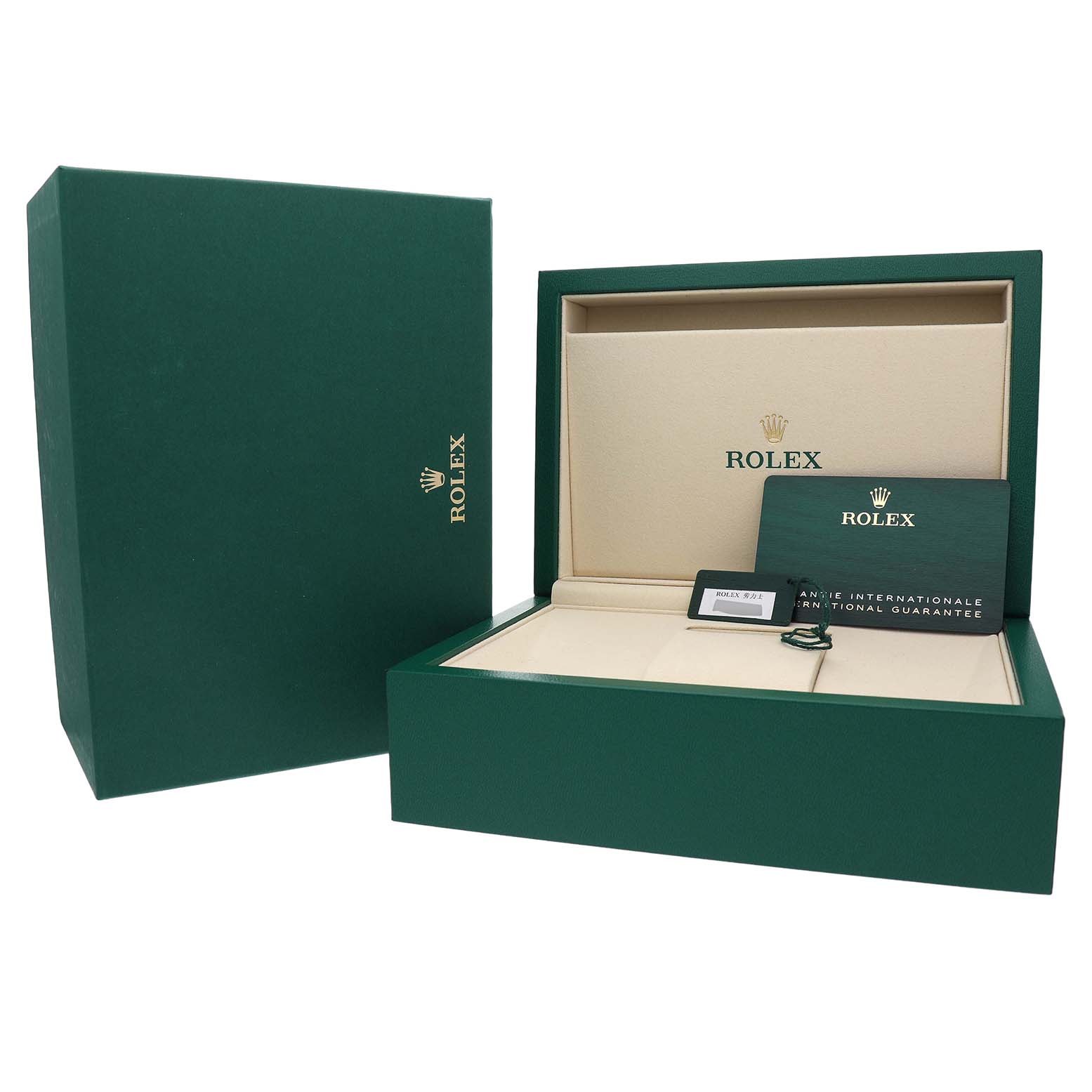 The image shows the open green box and accessories for a Rolex Sky-Dweller 336934 Men's Stainless Steel Green Dial watch, including a warranty card.