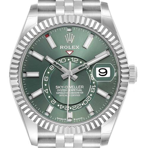 The Rolex Sky-Dweller 336934 Men's Stainless Steel Green Dial watch is shown from a front angle, displaying the face, bezel, crown, and part of the bracelet.