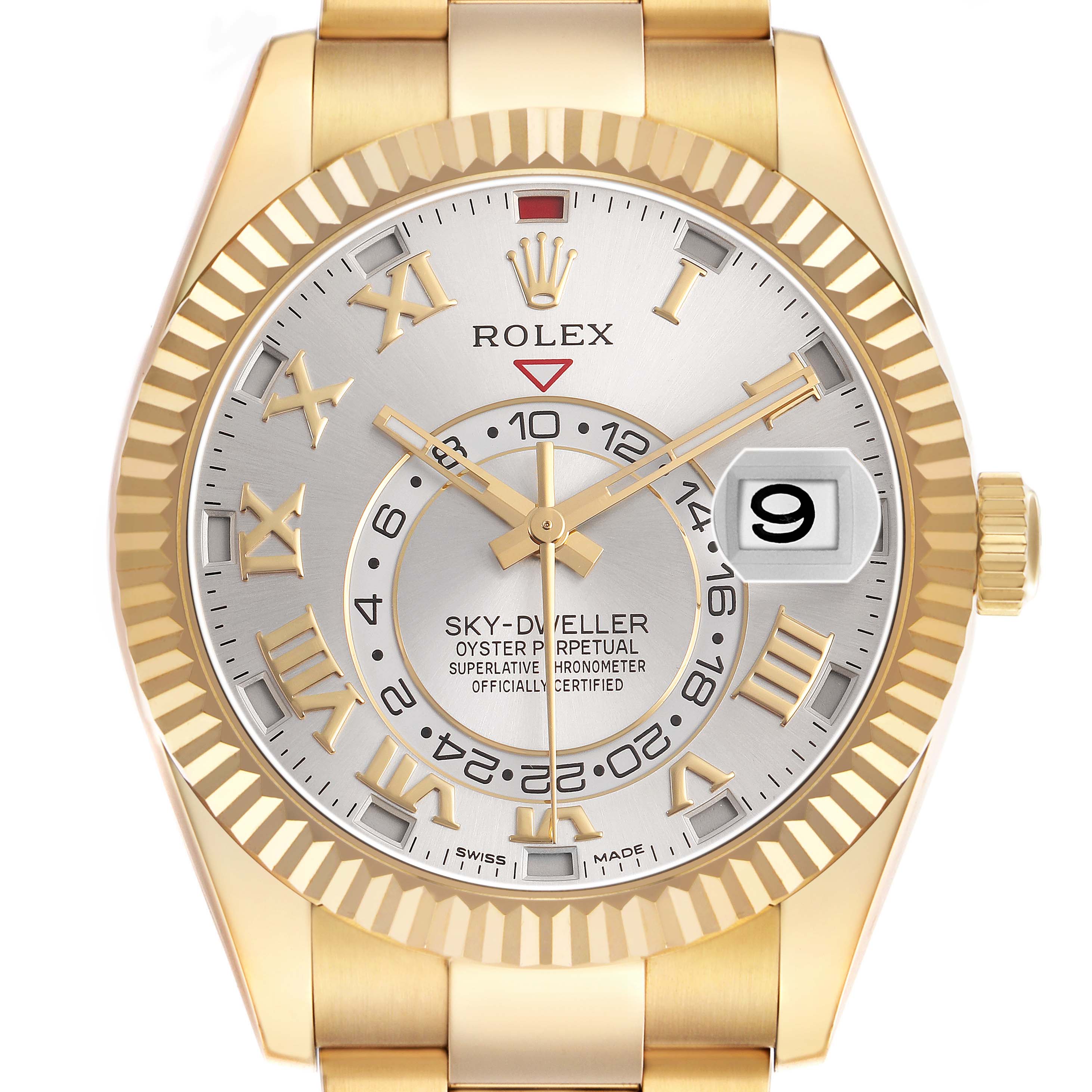 The Rolex Sky-Dweller 326938 Men's Yellow Gold Silver Dial watch is shown from a front angle, displaying its gold case, dial, bezel, date window, and bracelet.