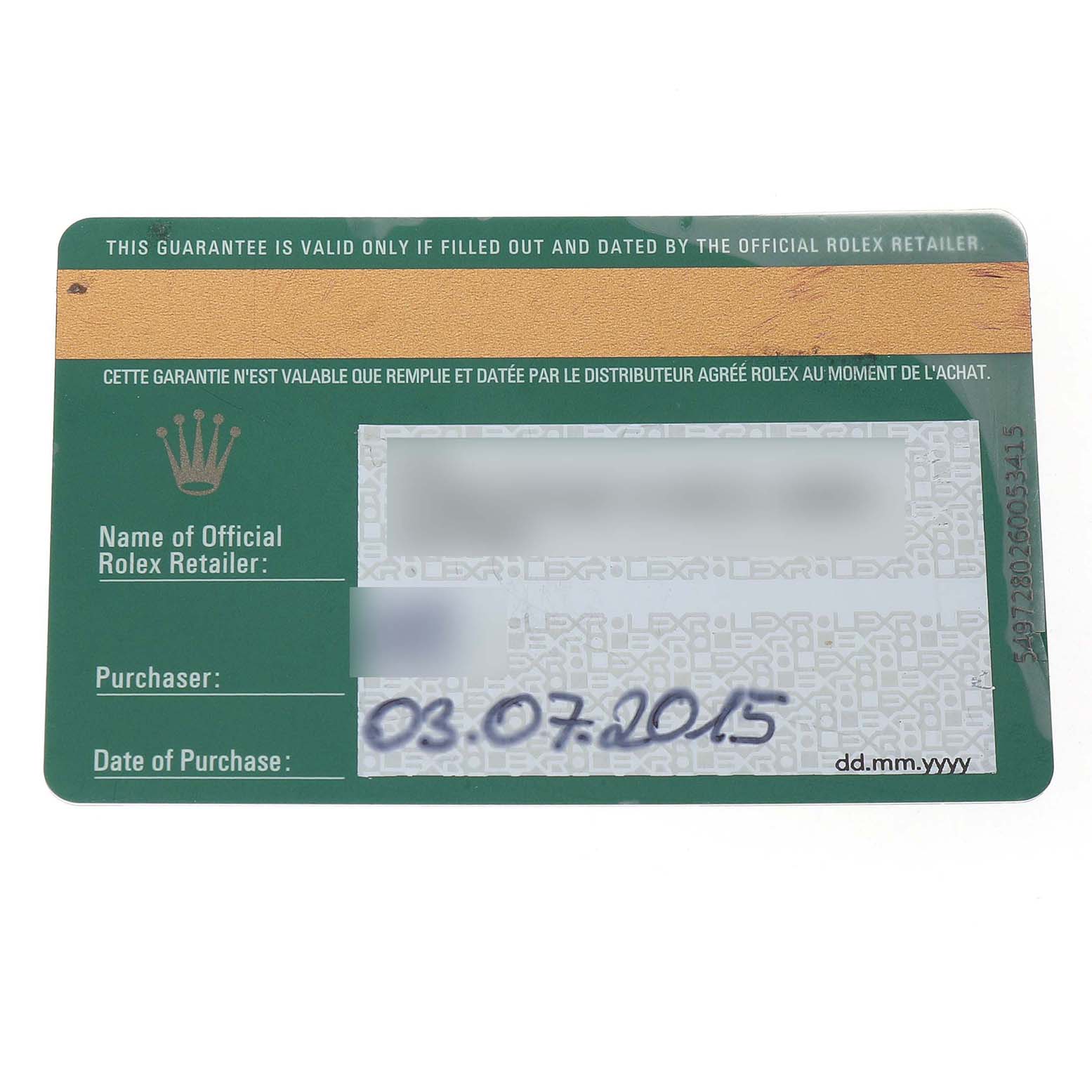 The image shows a warranty card for the Rolex Sky-Dweller 326938 Men's Yellow Gold Silver Dial, displaying purchase details and retailer information.