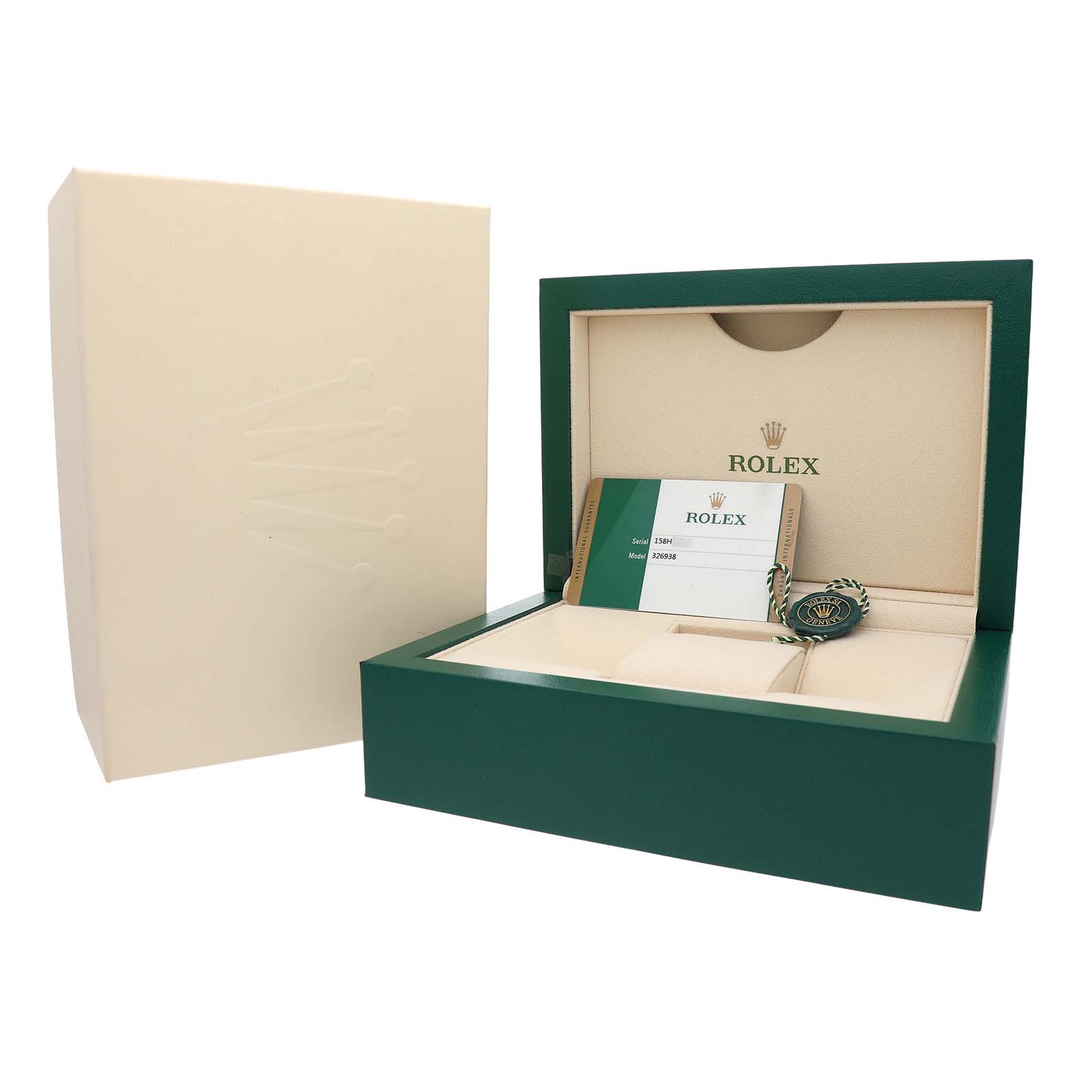 The image shows a Rolex Sky-Dweller 326938 Men's Yellow Gold Silver Dial watch box, warranty card, and tag, all from a front-angle view.