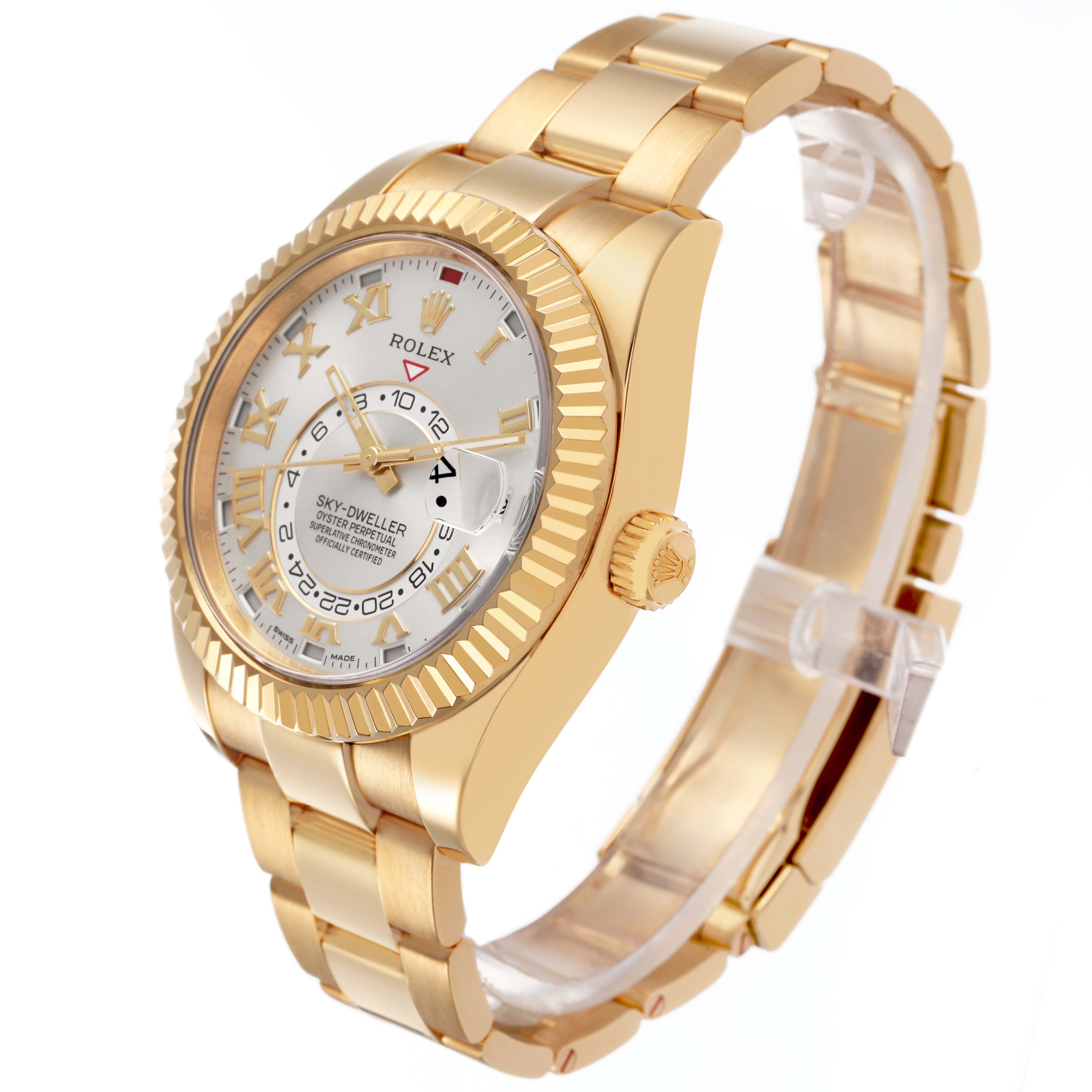 The Rolex Sky-Dweller 326938 Men's Yellow Gold Silver Dial watch is shown at a slight angle, highlighting the gold case, bezel, bracelet, and the detailed dial.