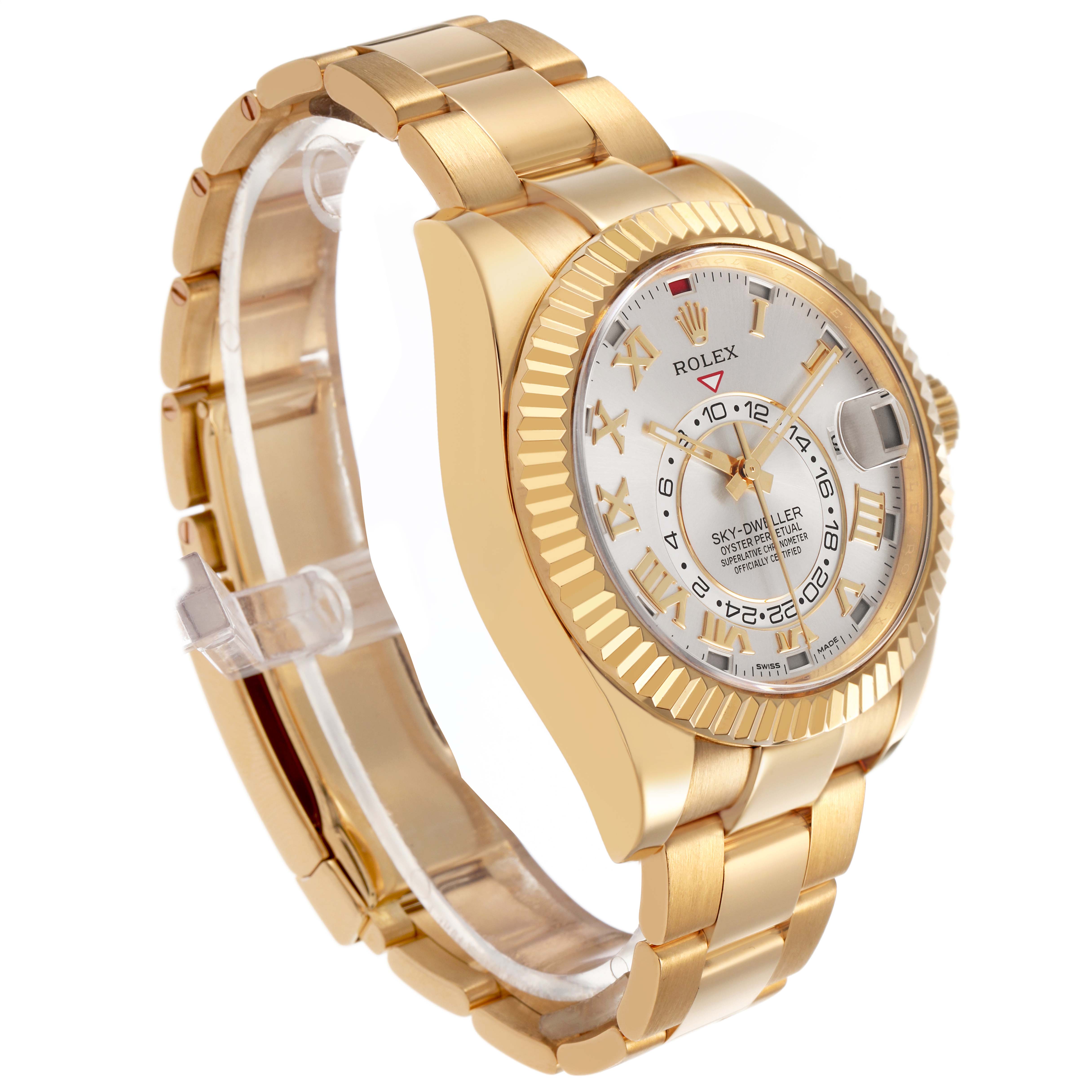 The image shows a Rolex Sky-Dweller 326938 Men's Yellow Gold Silver Dial watch at a slightly angled side view, displaying the bracelet, case, and dial.