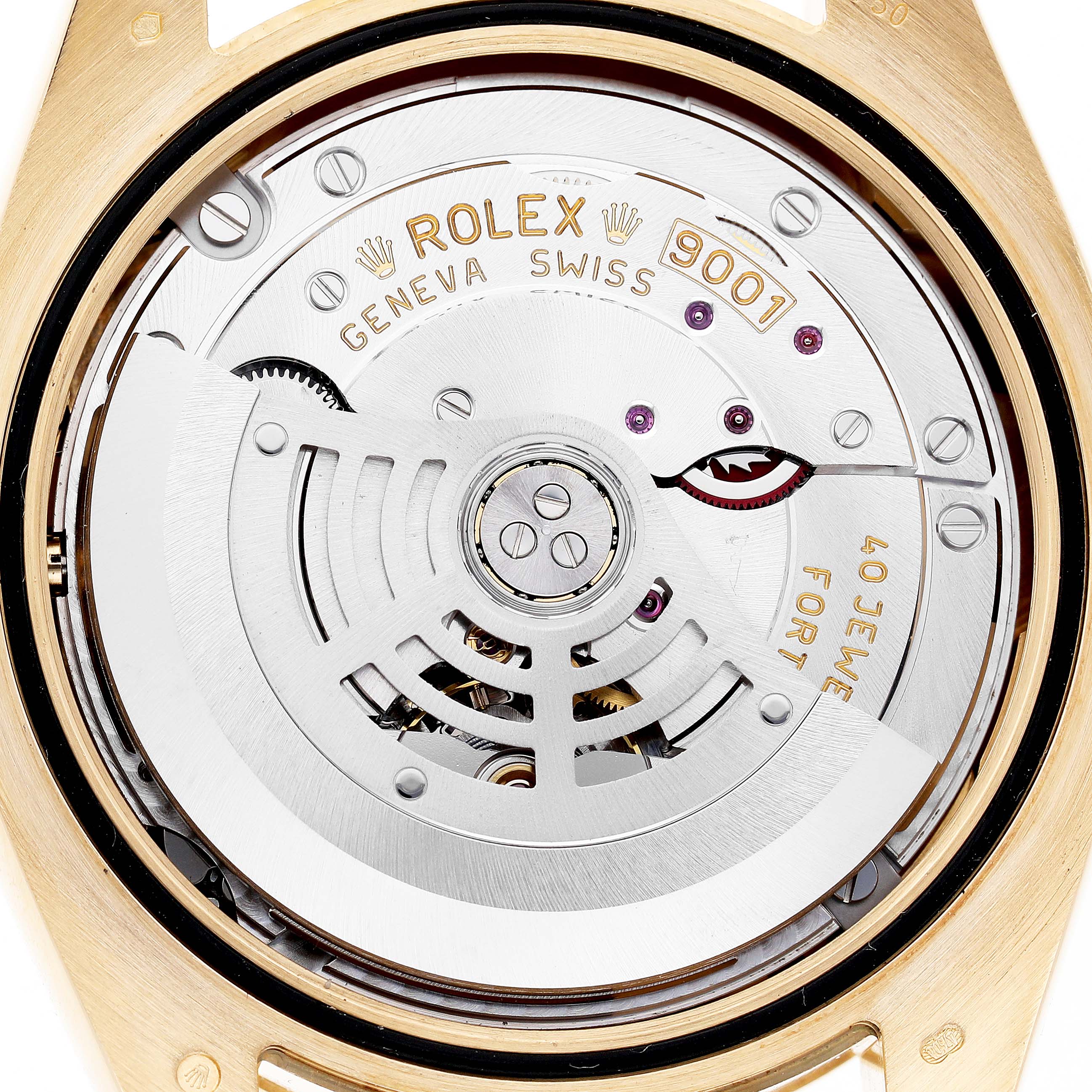The image shows the intricate movement of a Rolex Sky-Dweller 326938 Men's Yellow Gold Silver Dial, focusing on the rotor and internal mechanisms.
