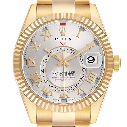 The Rolex Sky-Dweller 326938 Men's Yellow Gold Silver Dial watch is shown from a front angle, highlighting the face, bezel, and crown.