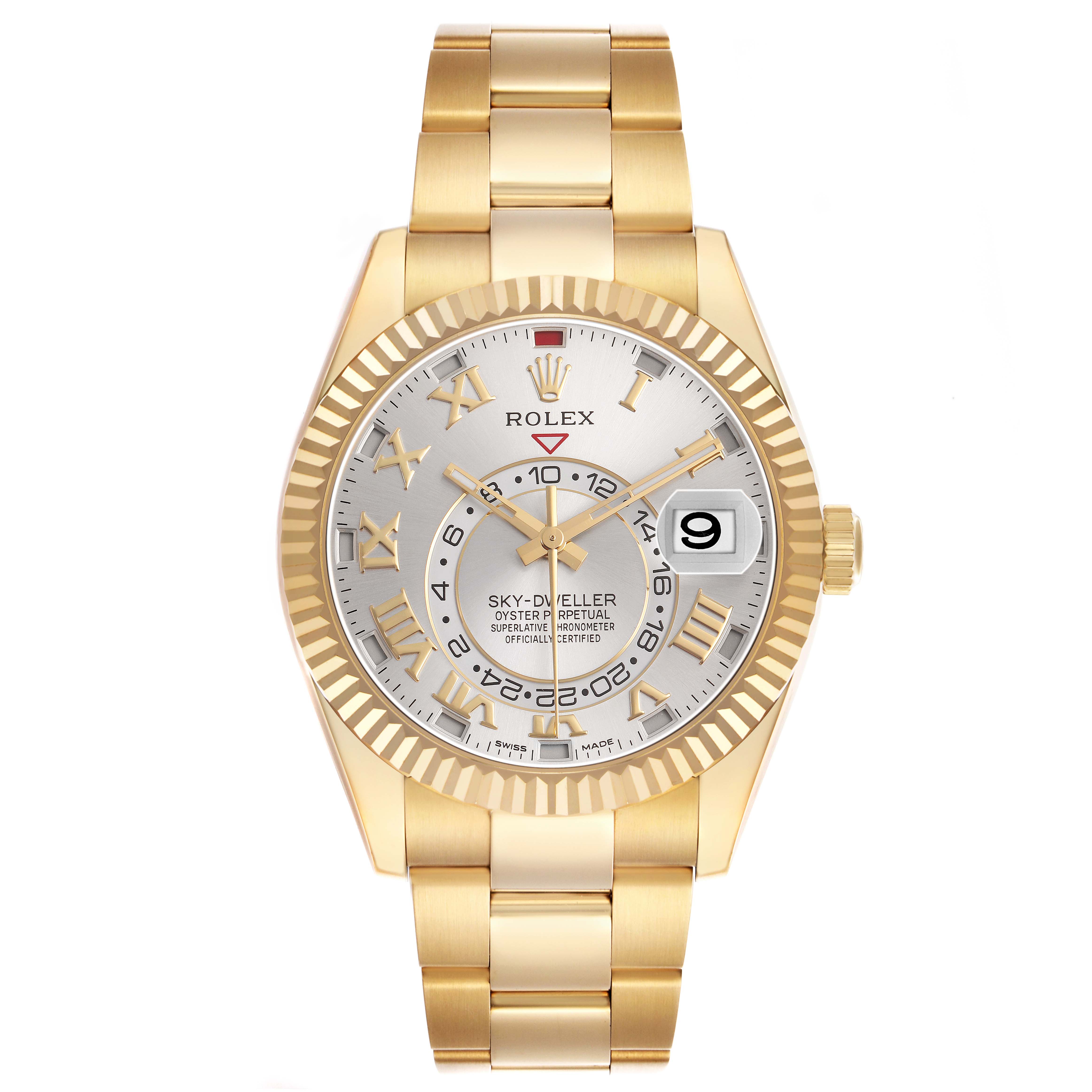 The Rolex Sky-Dweller 326938 Men's Yellow Gold Silver Dial watch is shown from a front angle, displaying its dial, bezel, bracelet, and crown.