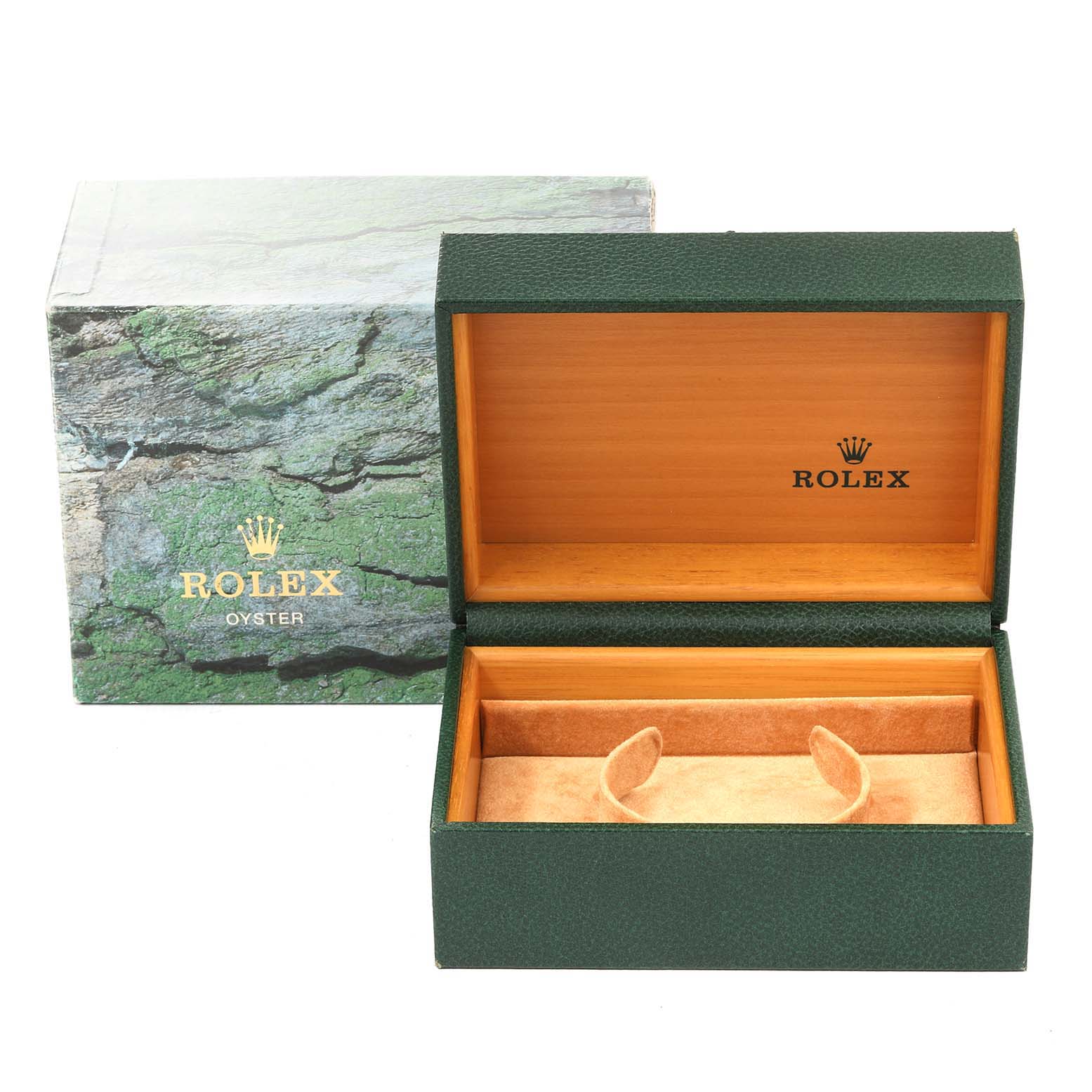 The image shows an open Rolex Submariner 14060 Men
s Stainless Steel Black Dial 14060 Men
s Stainless Steel Black Dial watch box with its lid open, displaying the interior lining and cushion holder.