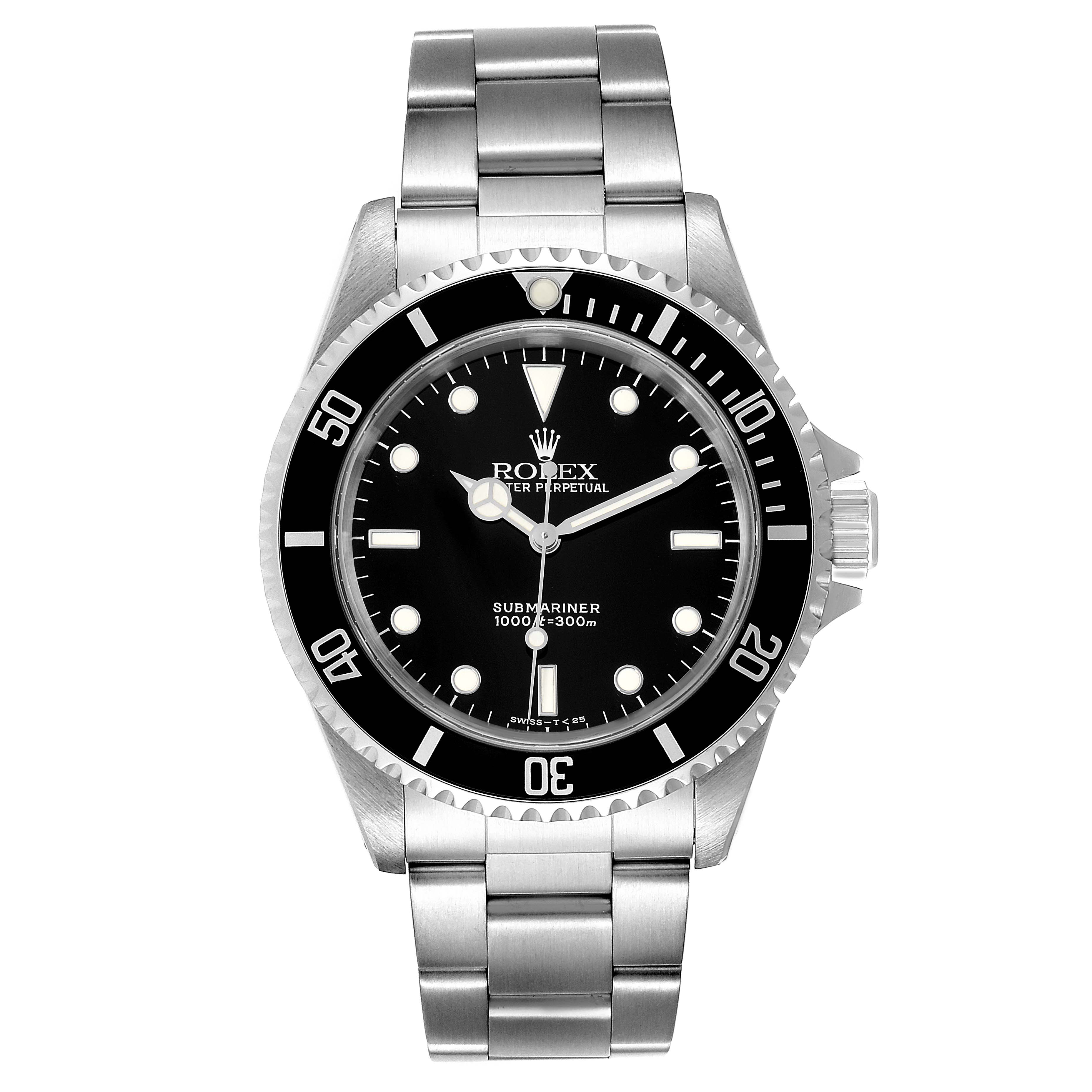 This image shows a frontal view of a Rolex Submariner 14060 Men
s Stainless Steel Black Dial 14060 Men
s Stainless Steel Black Dial watch, displaying the dial, bezel, and stainless steel bracelet.