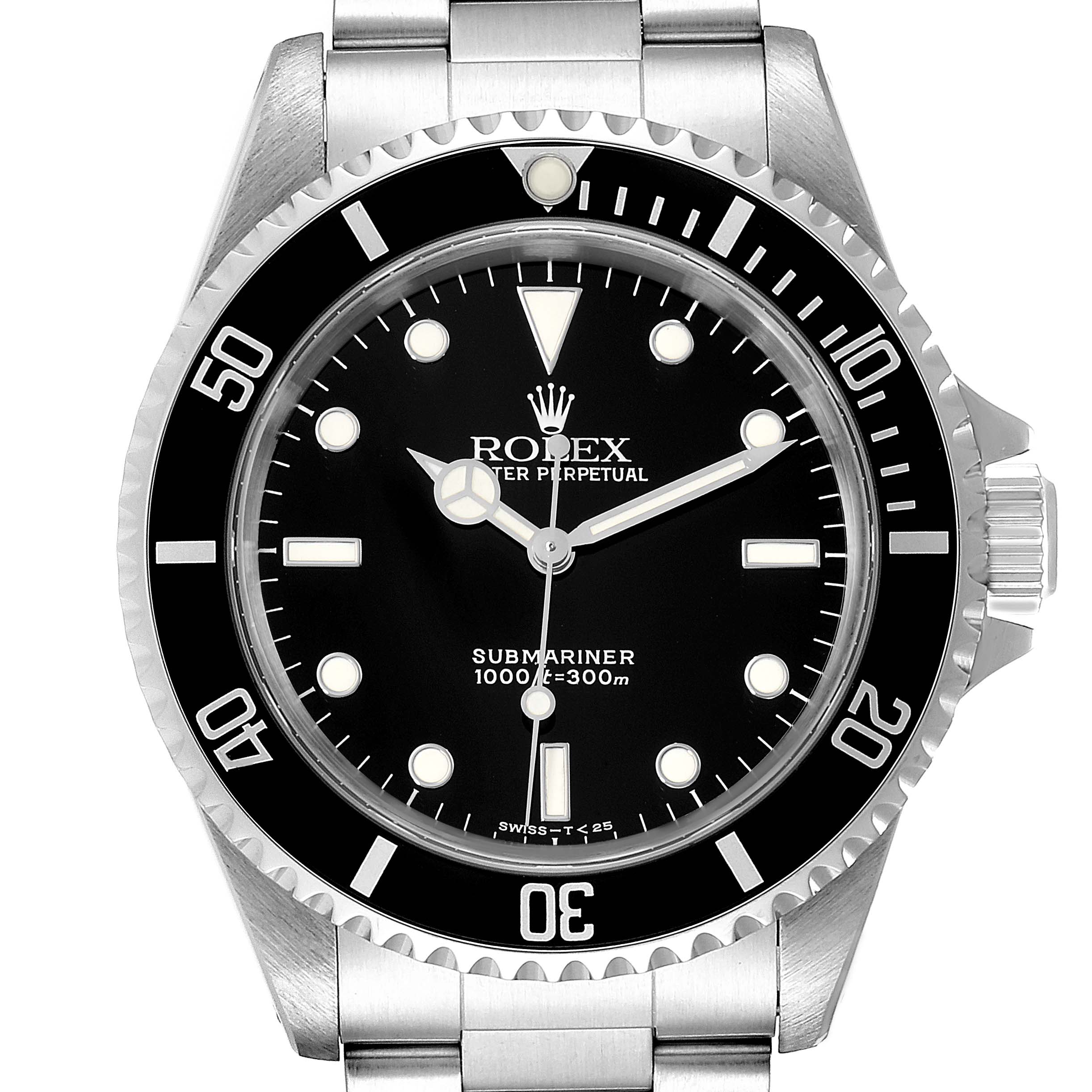 This image shows a front view of a Rolex Submariner 14060 Men
s Stainless Steel Black Dial 14060 Men
s Stainless Steel Black Dial watch, displaying the dial, bezel, and part of the bracelet.