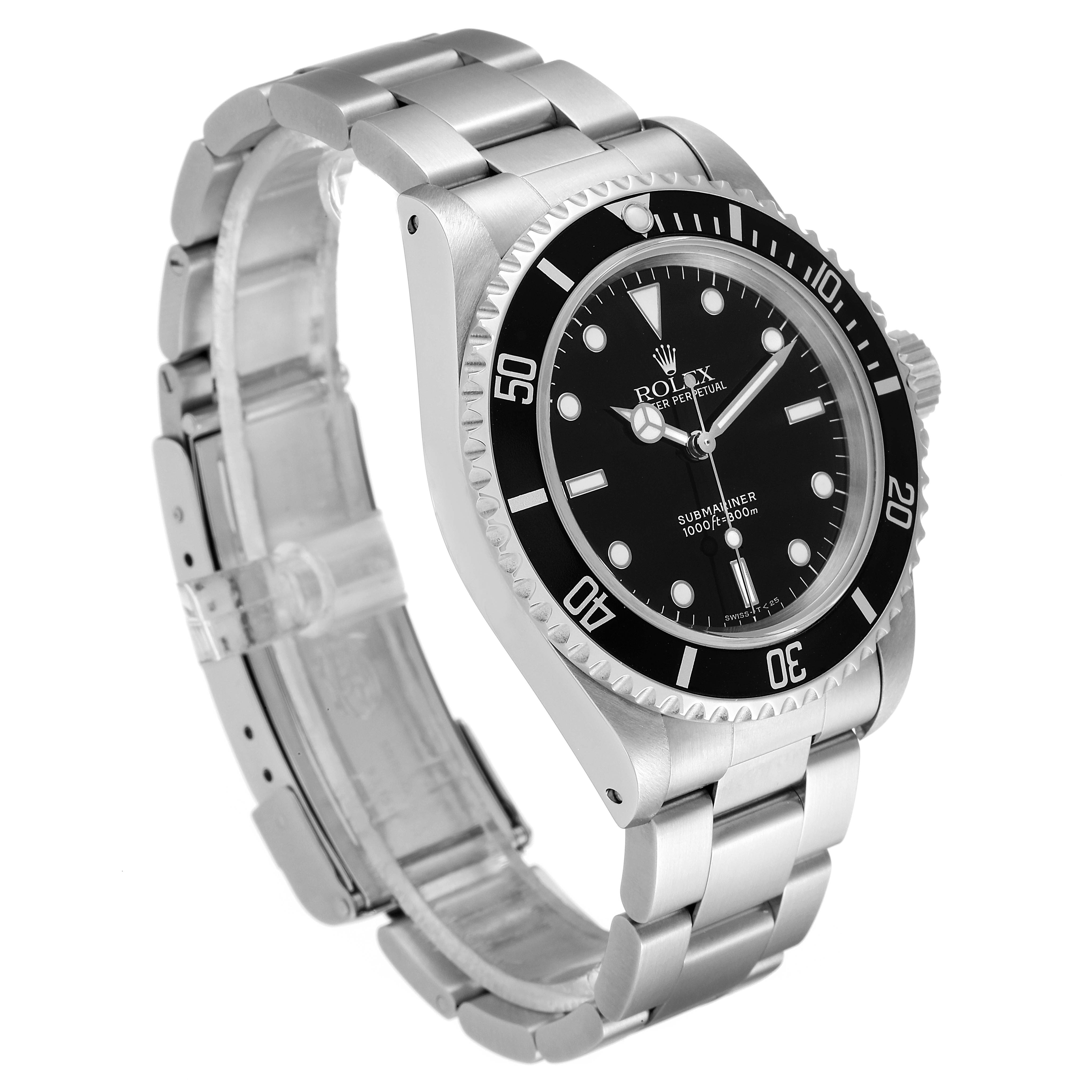 The image shows a Rolex Submariner 14060 Men
s Stainless Steel Black Dial 14060 Men
s Stainless Steel Black Dial watch at a right-side angle, emphasizing its bracelet, bezel, and dial.